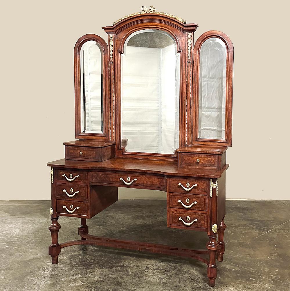 Beveled 19th Century French Louis XVI Mahogany Marquetry Vanity For Sale