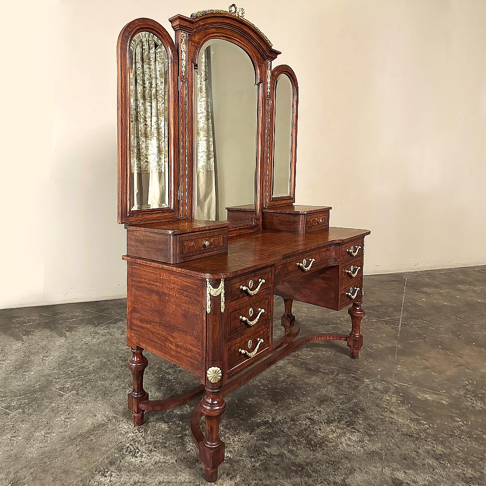 Brass 19th Century French Louis XVI Mahogany Marquetry Vanity For Sale