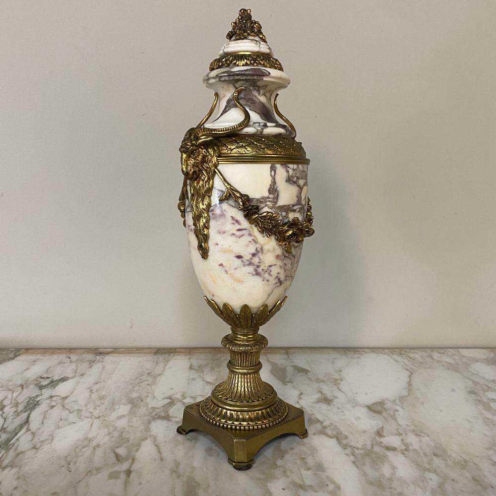 19th century French Louis XVI marble and bronze Cassolette is an extraordinarily elegant way to decorate! handcrafted from exquisitely veined marble and festooned with bronze mounts from the top to the base, it was a sign of wealth and success and