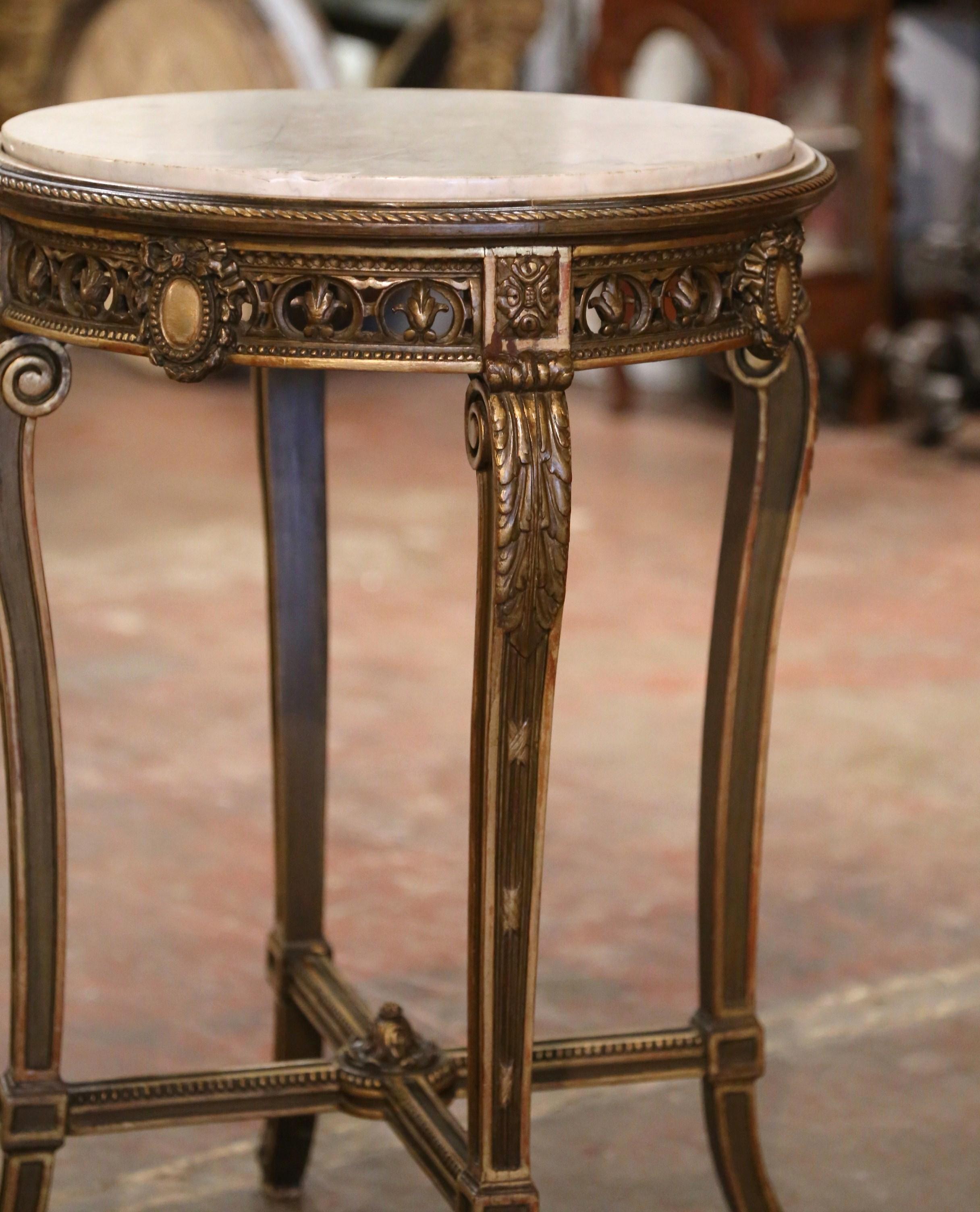 Hand-Carved 19th Century French Louis XVI Marble Top Carved Giltwood Side Table Gueridon