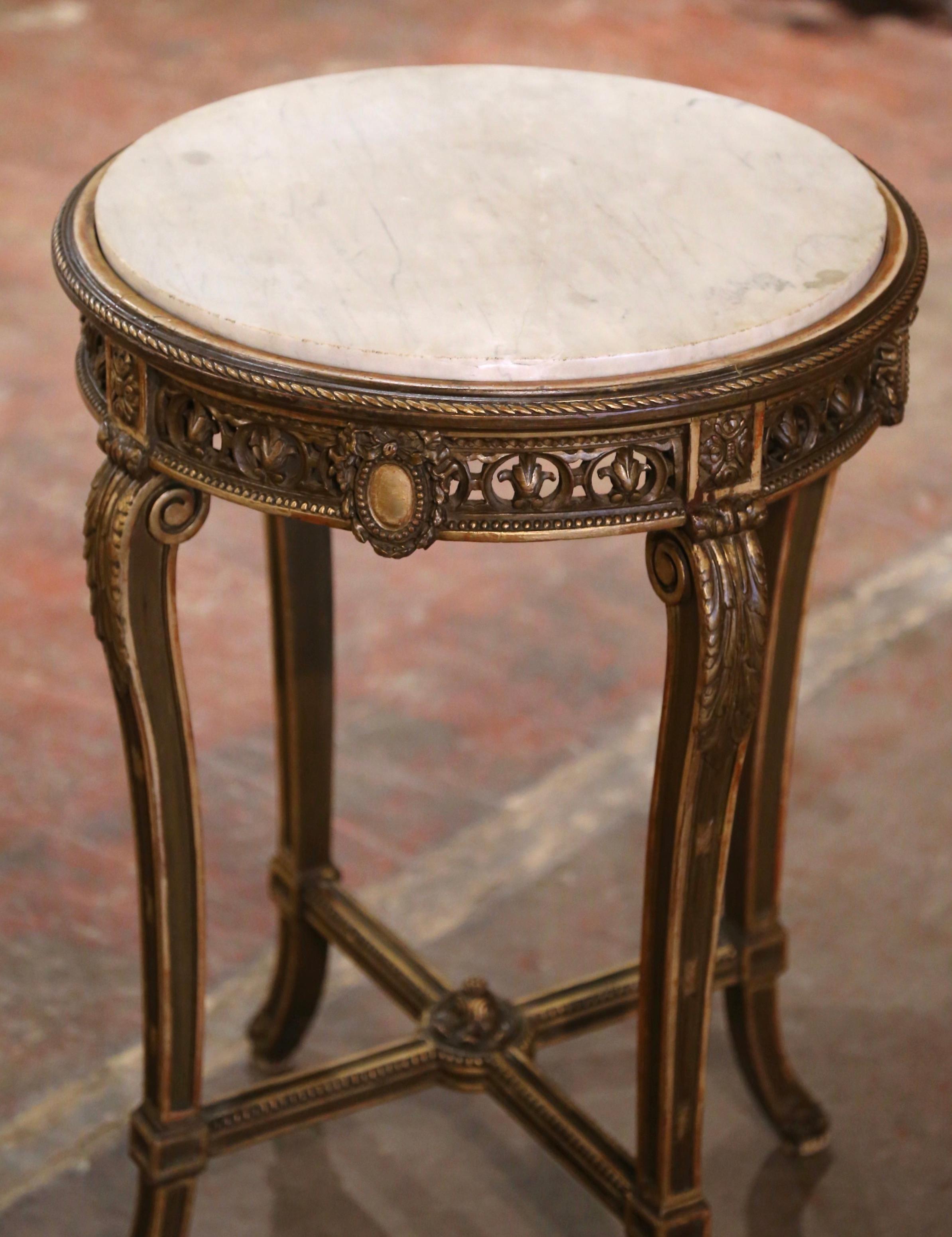 19th Century French Louis XVI Marble Top Carved Giltwood Side Table Gueridon In Excellent Condition In Dallas, TX