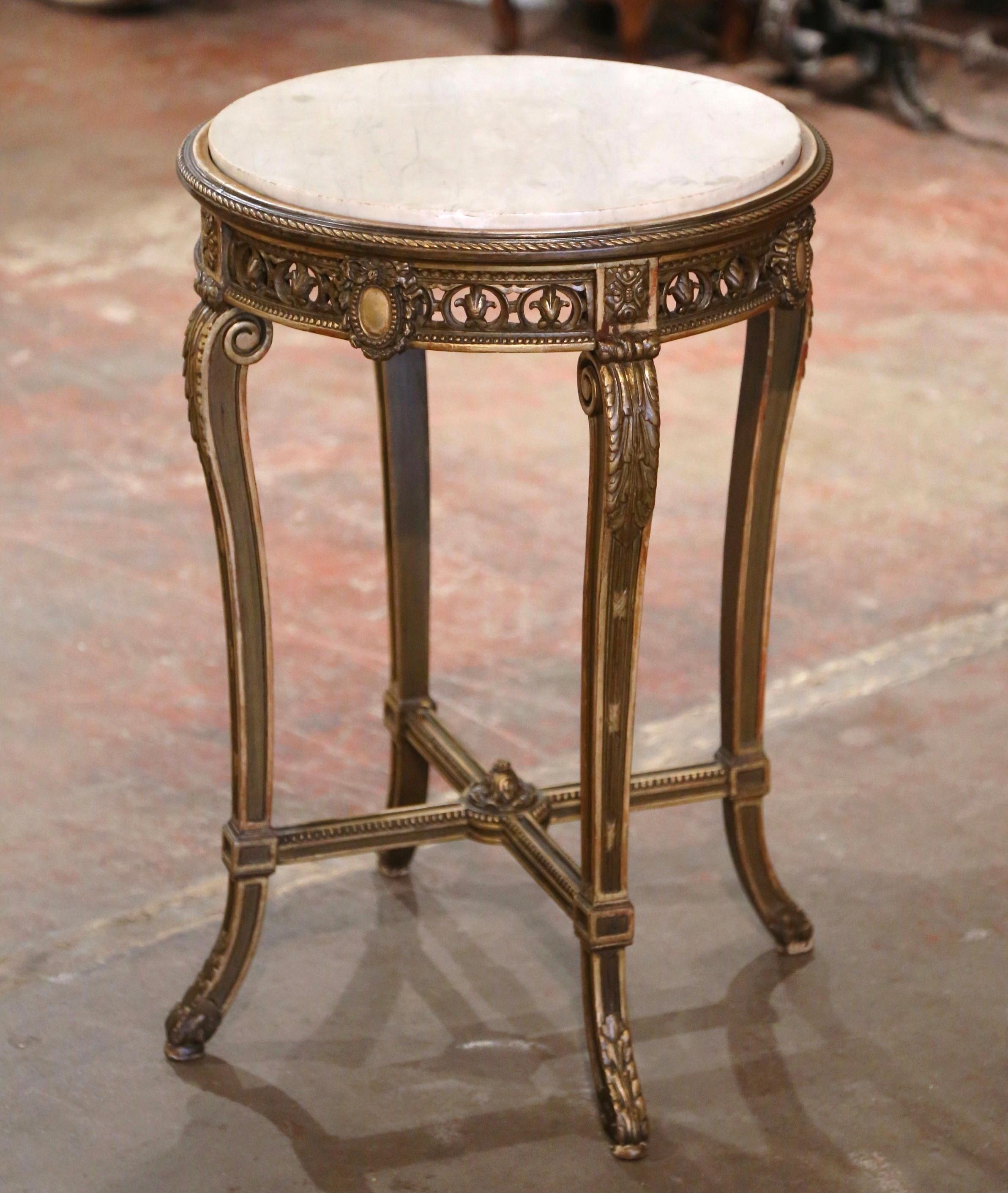 19th Century French Louis XVI Marble Top Carved Giltwood Side Table Gueridon 1