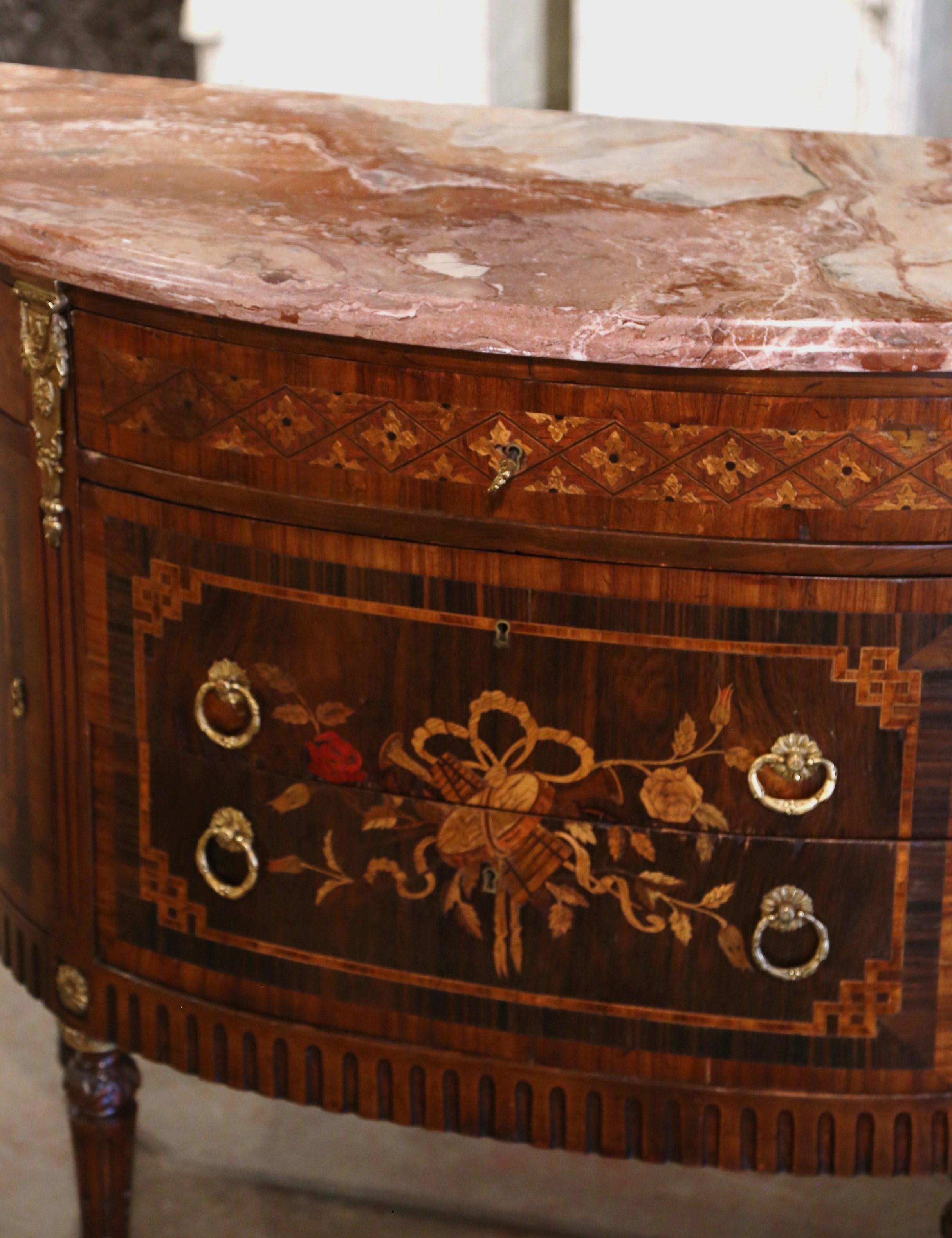 19th Century French Louis XVI Marble Top Carved Mahogany Demilune Commode Chest  In Excellent Condition In Dallas, TX