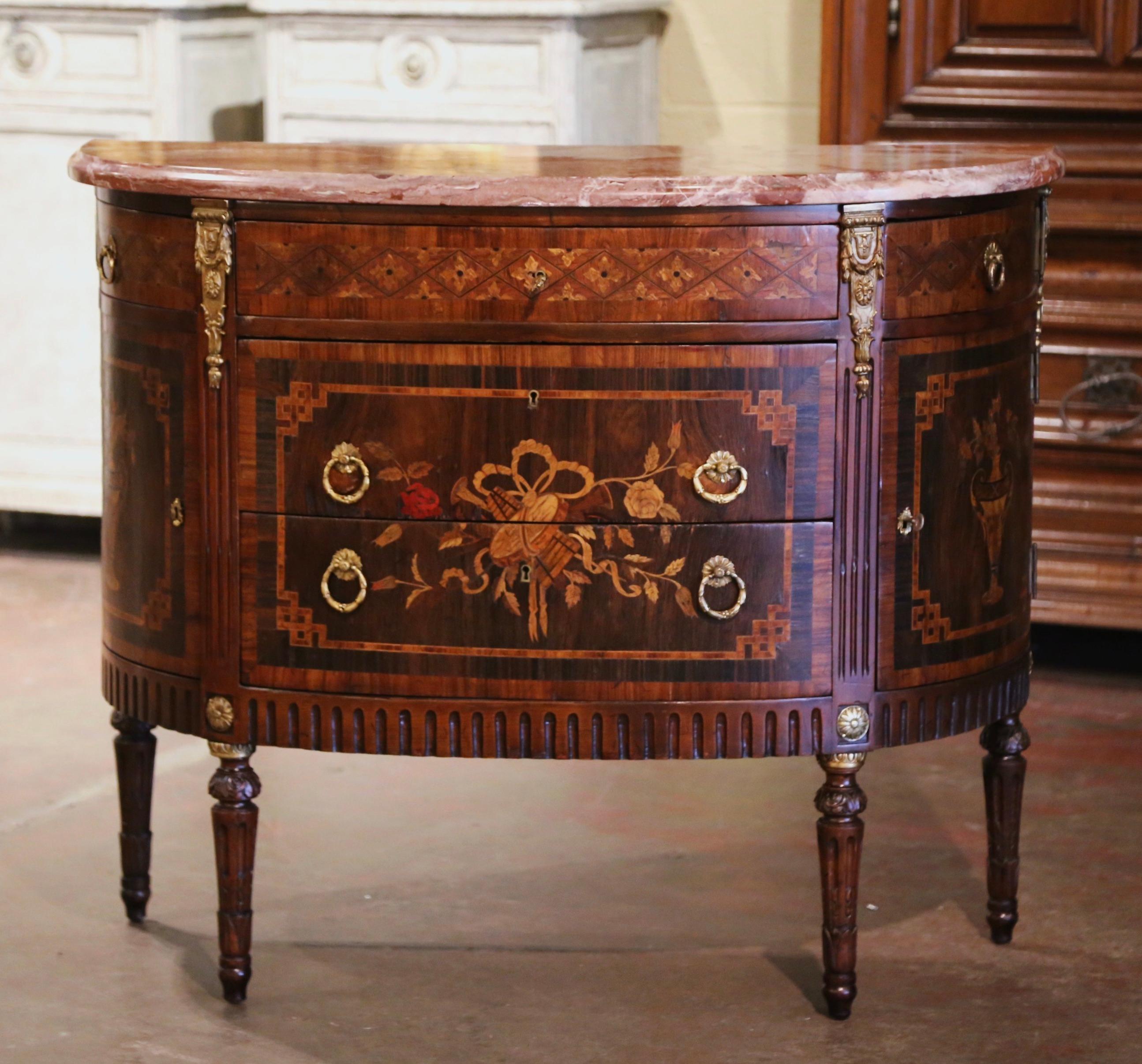 Bronze 19th Century French Louis XVI Marble Top Carved Mahogany Demilune Commode Chest 