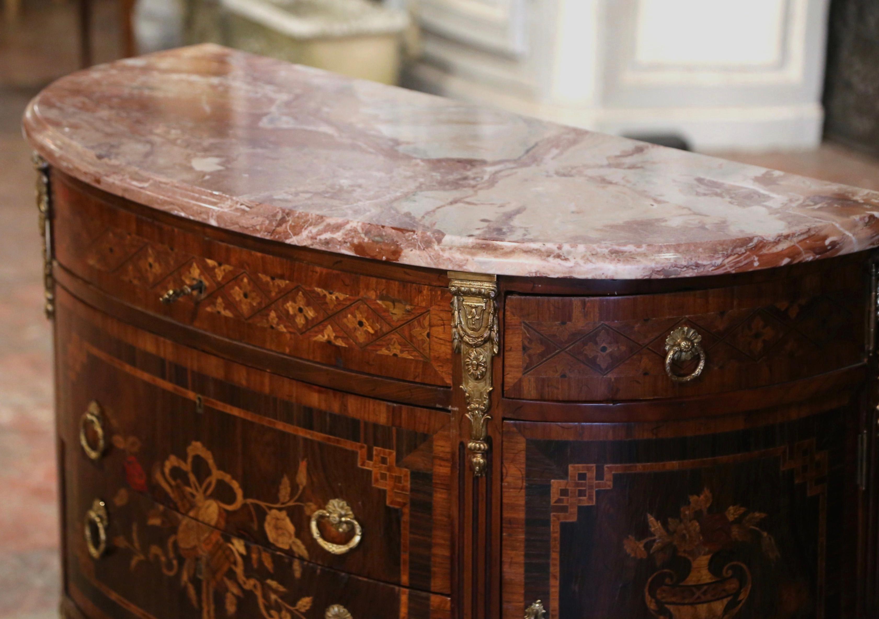 19th Century French Louis XVI Marble Top Carved Mahogany Demilune Commode Chest  2