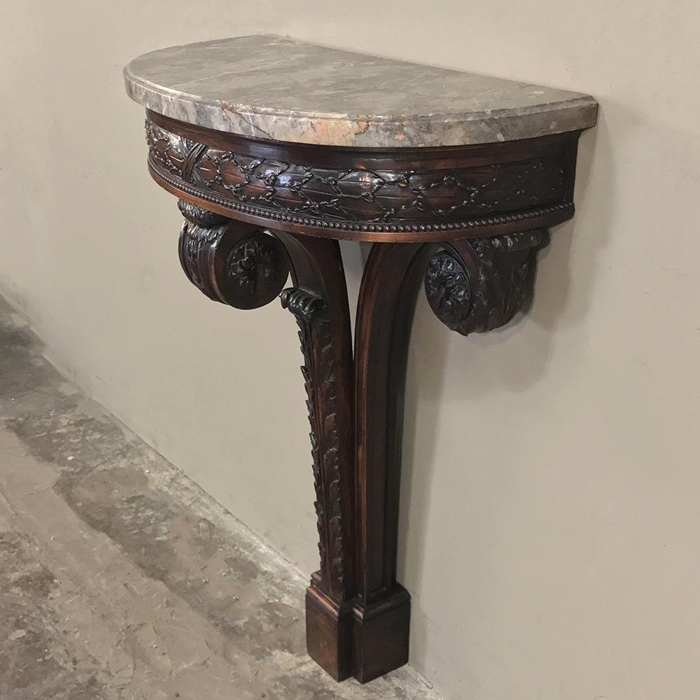 Hand-Carved 19th Century French Louis XVI Marble-Top Demilune Console