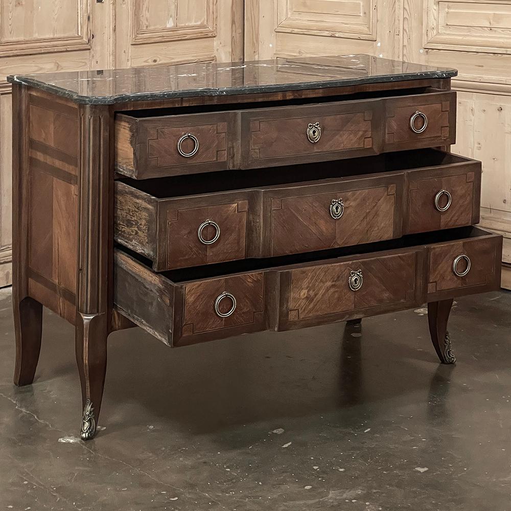 Bronze 19th Century French Louis XVI Marble Top Mahogany Commode For Sale