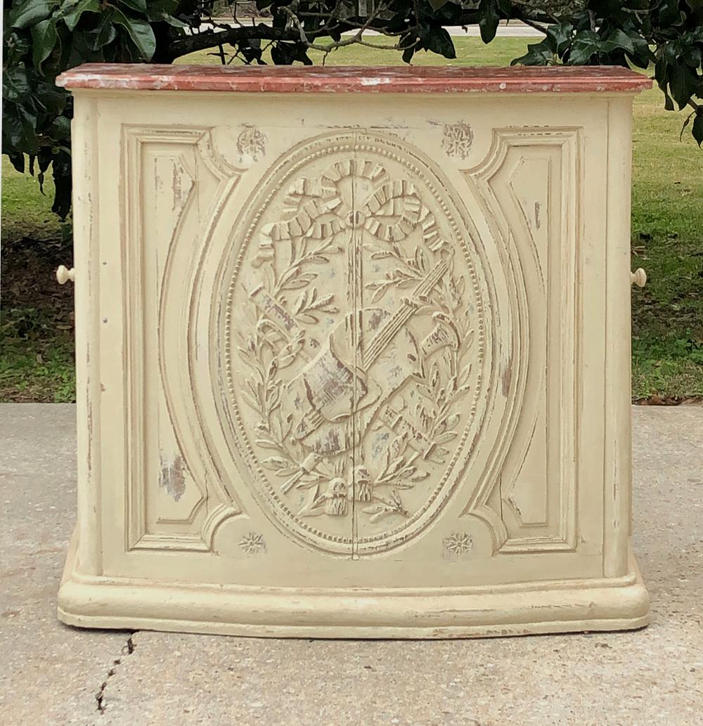 Hand-Carved 19th Century French Louis XVI Marble Top Painted Counter, Bar For Sale