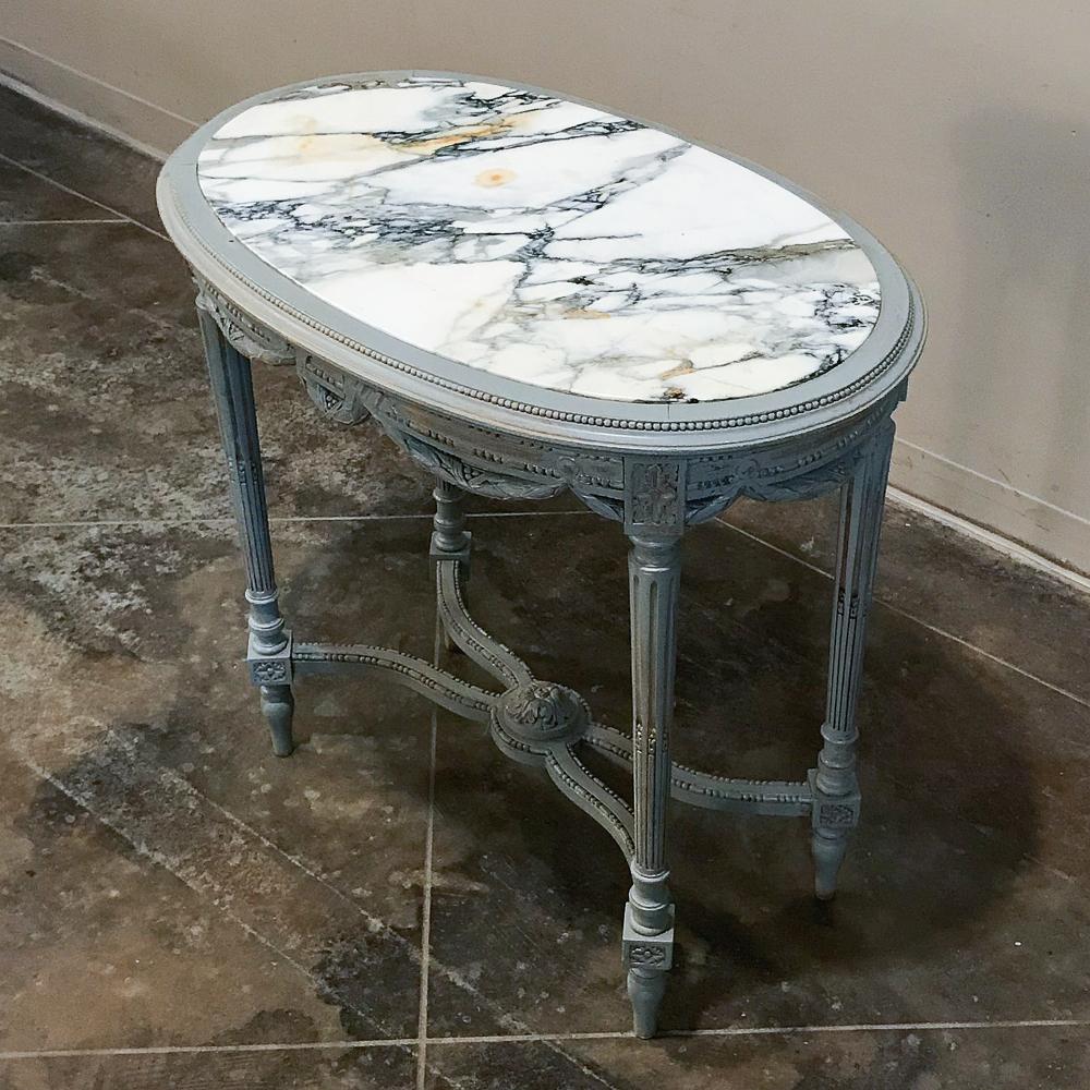 Hand-Carved 19th Century French Louis XVI Marble Top Painted End Table