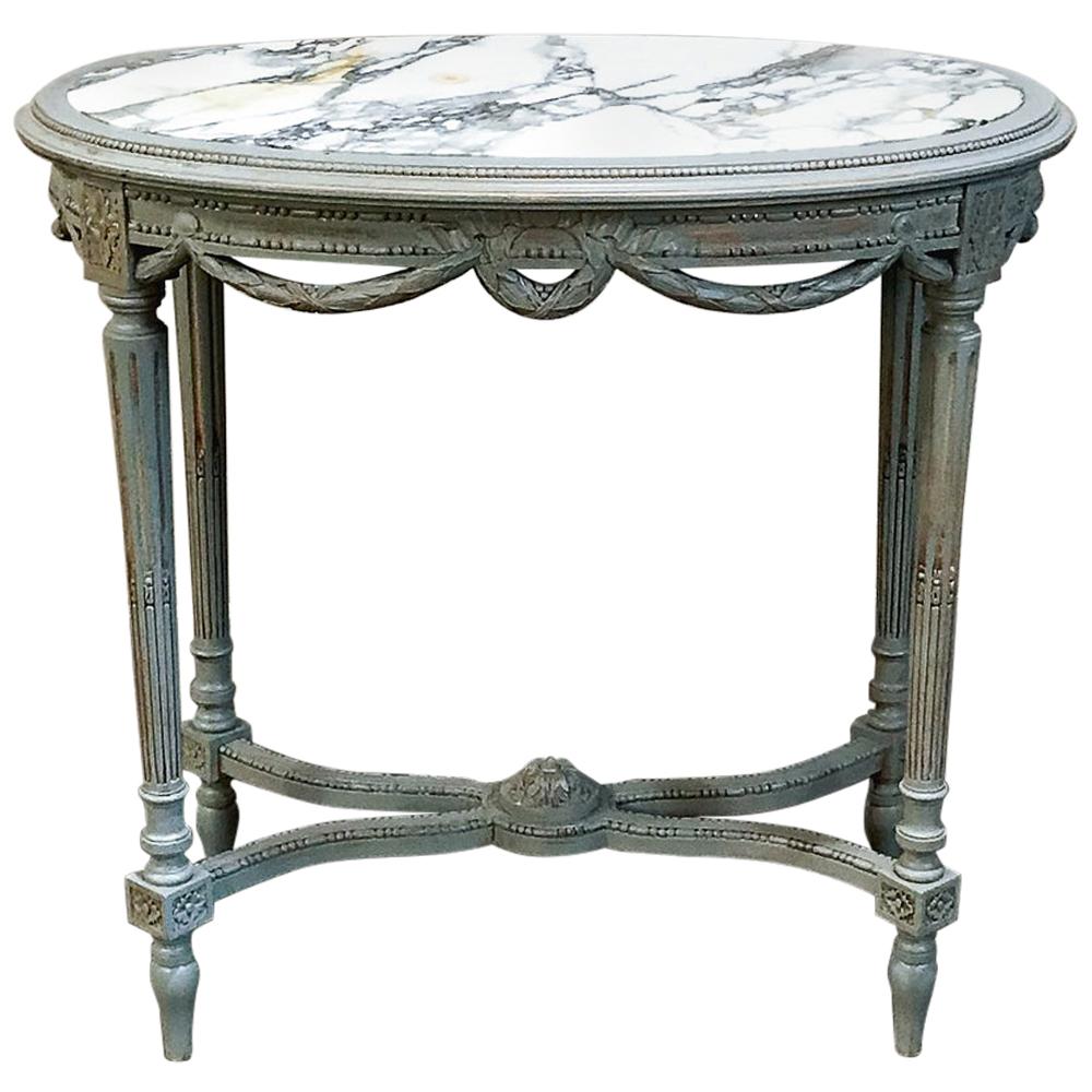 19th Century French Louis XVI Marble Top Painted End Table