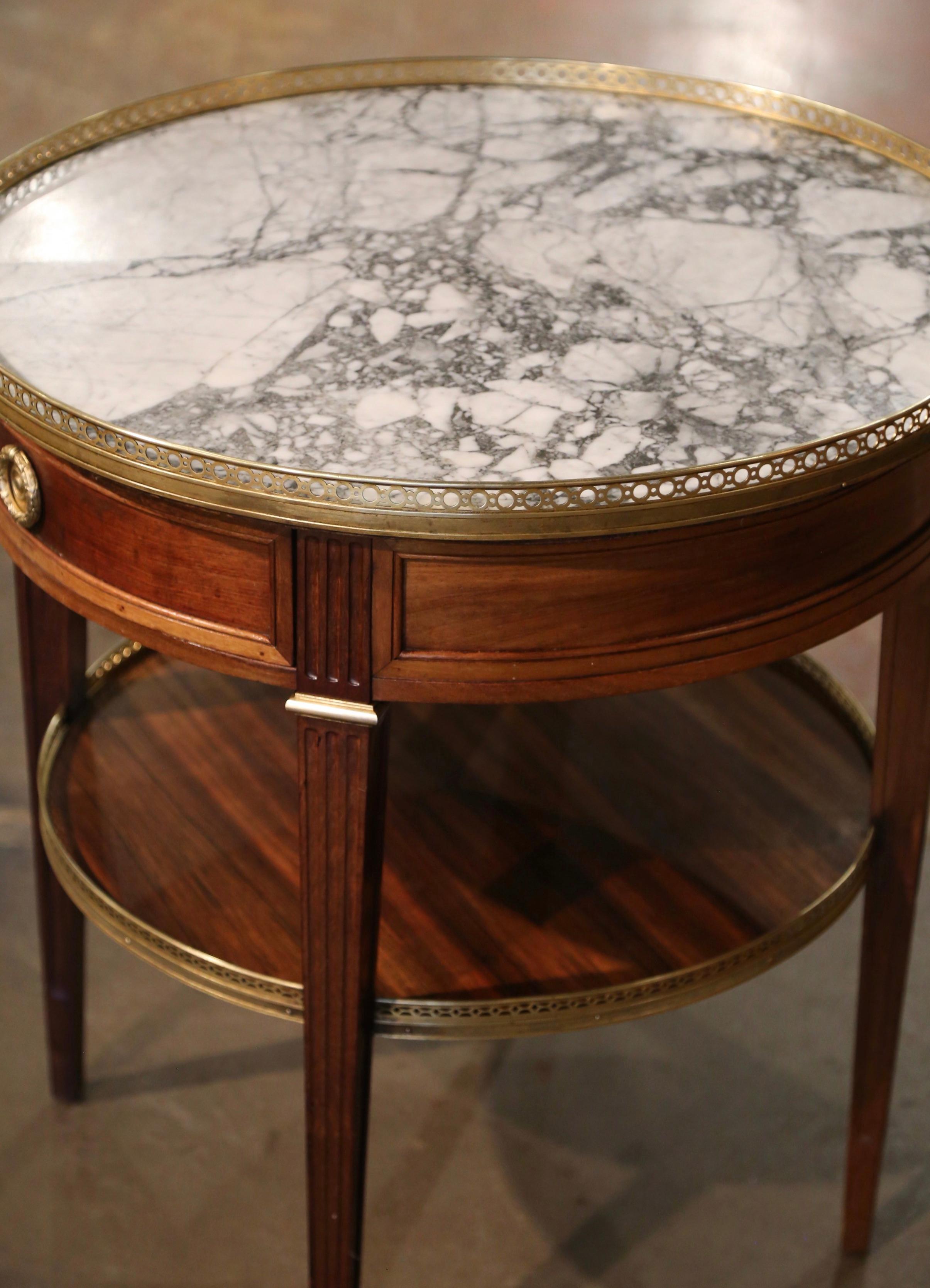 Hand-Carved 19th Century French Louis XVI Marble Top Walnut & Brass Two-Tier Bouillote Table