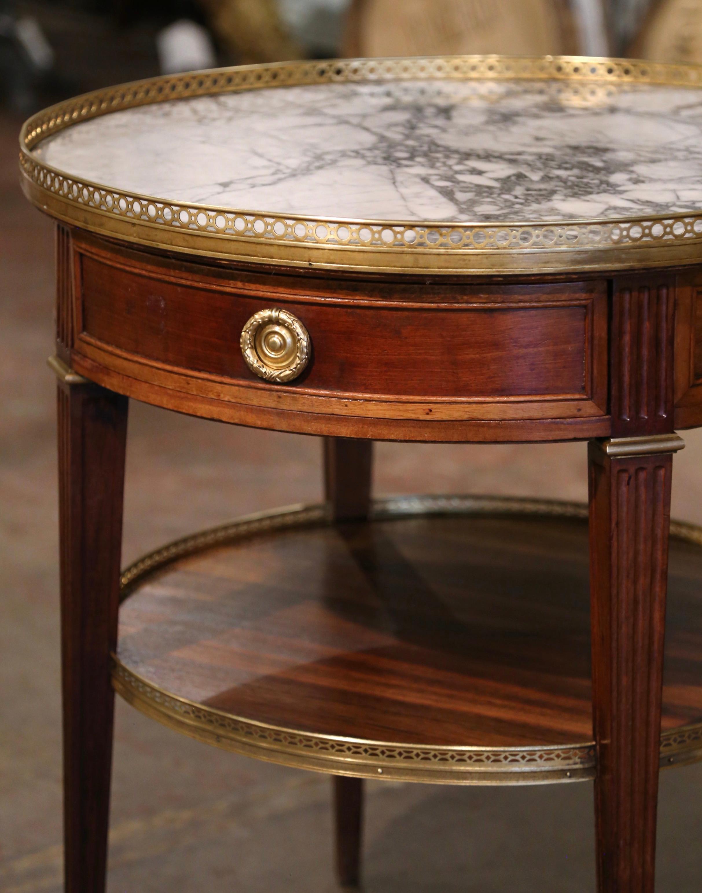 19th Century French Louis XVI Marble Top Walnut & Brass Two-Tier Bouillote Table In Excellent Condition In Dallas, TX