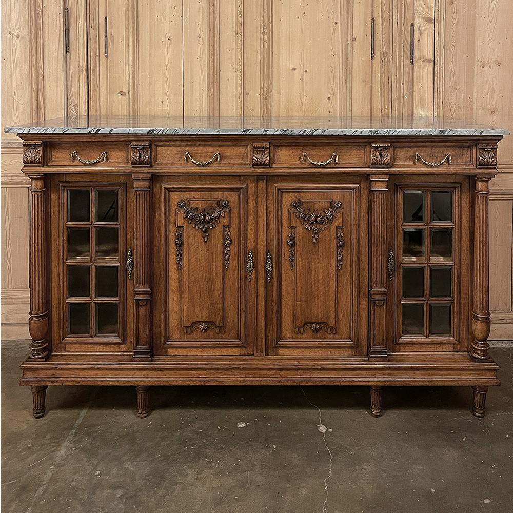 Hand-Carved 19th Century French Louis XVI Marble Top Walnut Display Buffet For Sale