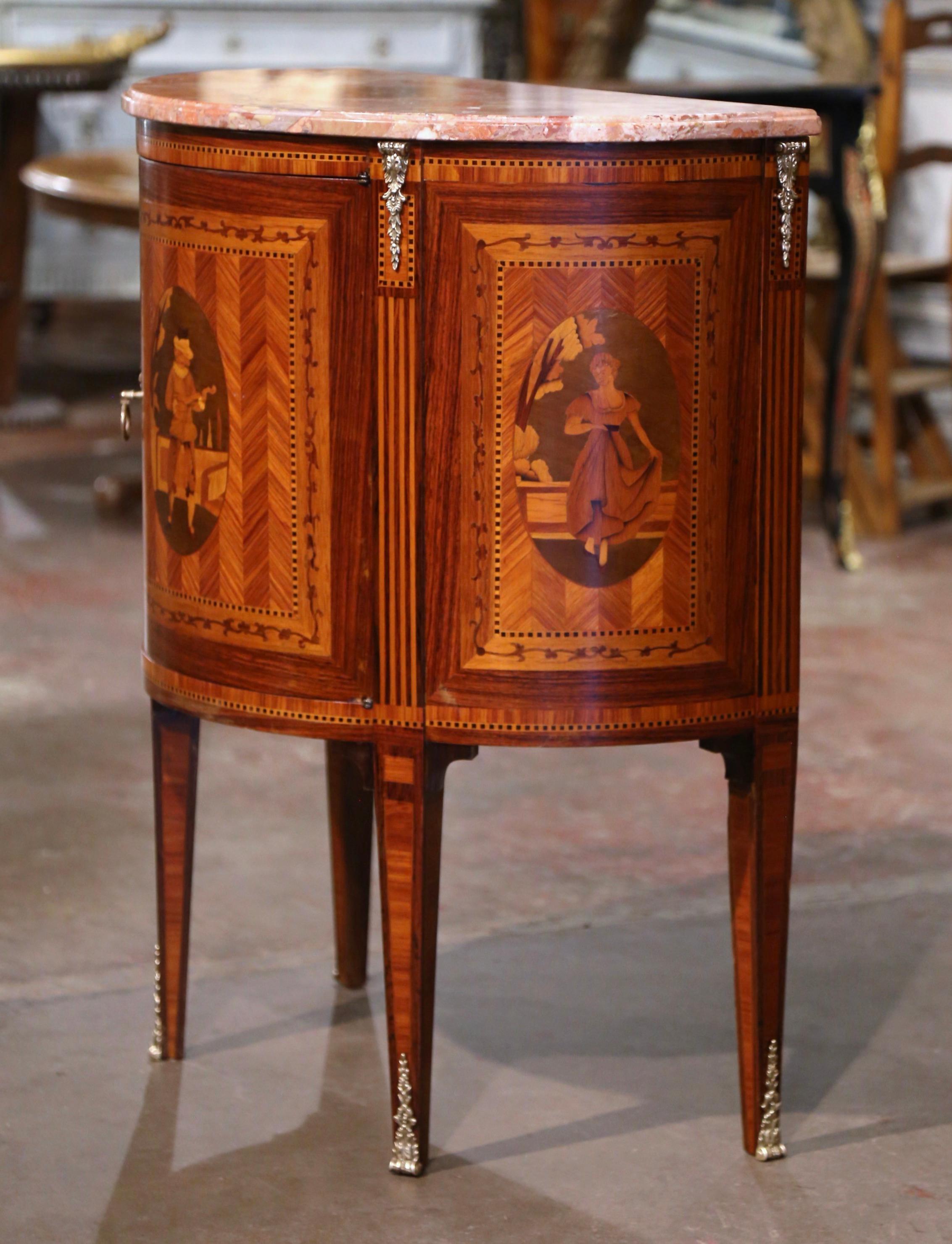 19th Century French Louis XVI Marble Top Walnut Marquetry Demi-Lune Cabinet  6