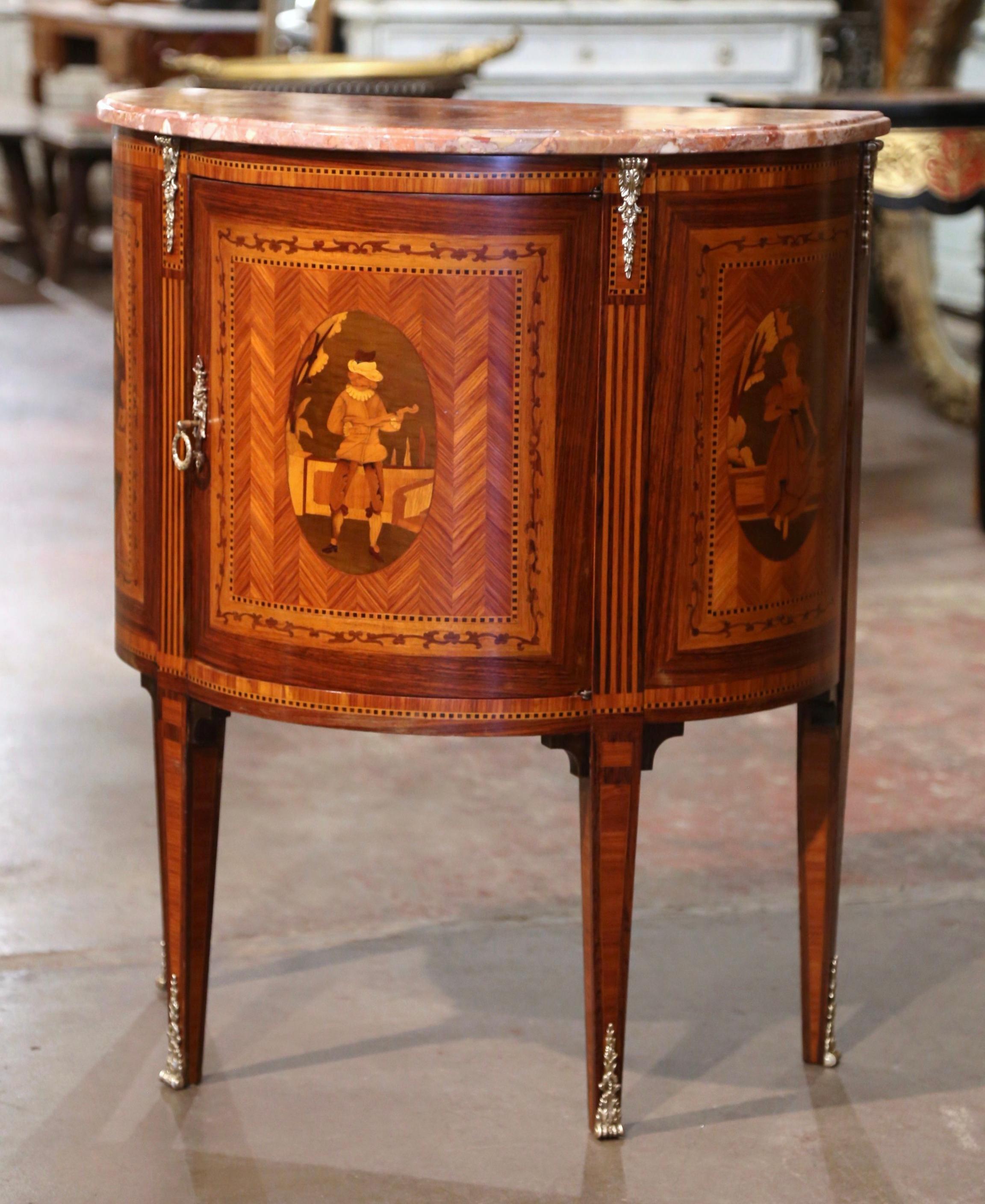 Hand-Carved 19th Century French Louis XVI Marble Top Walnut Marquetry Demi-Lune Cabinet 