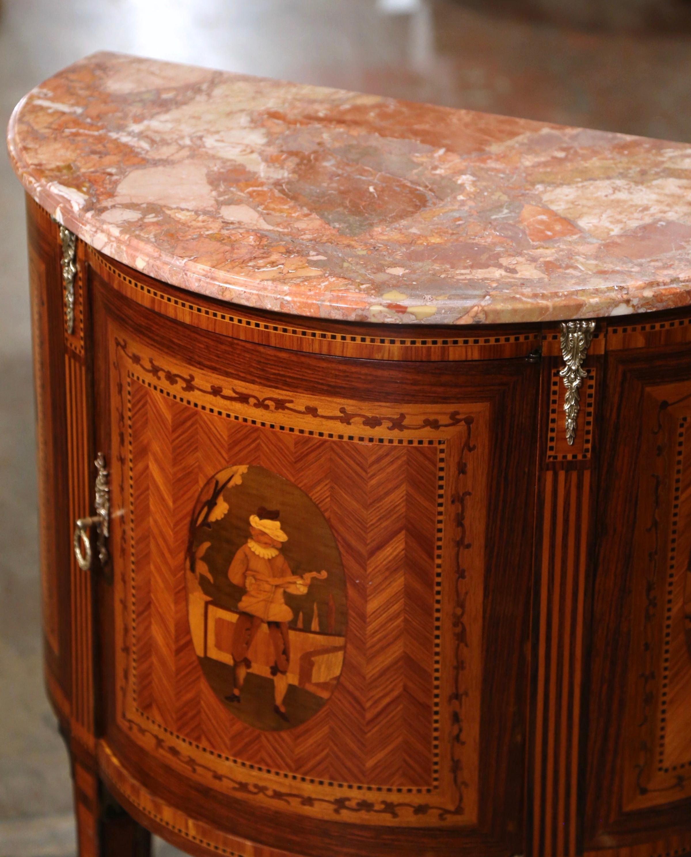 19th Century French Louis XVI Marble Top Walnut Marquetry Demi-Lune Cabinet  In Excellent Condition In Dallas, TX