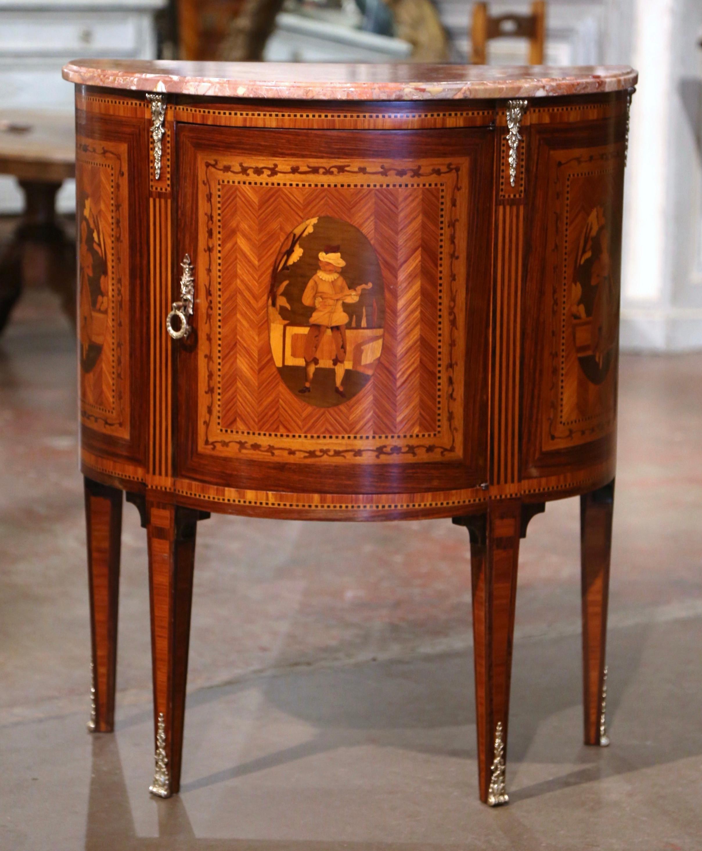 Bronze 19th Century French Louis XVI Marble Top Walnut Marquetry Demi-Lune Cabinet 