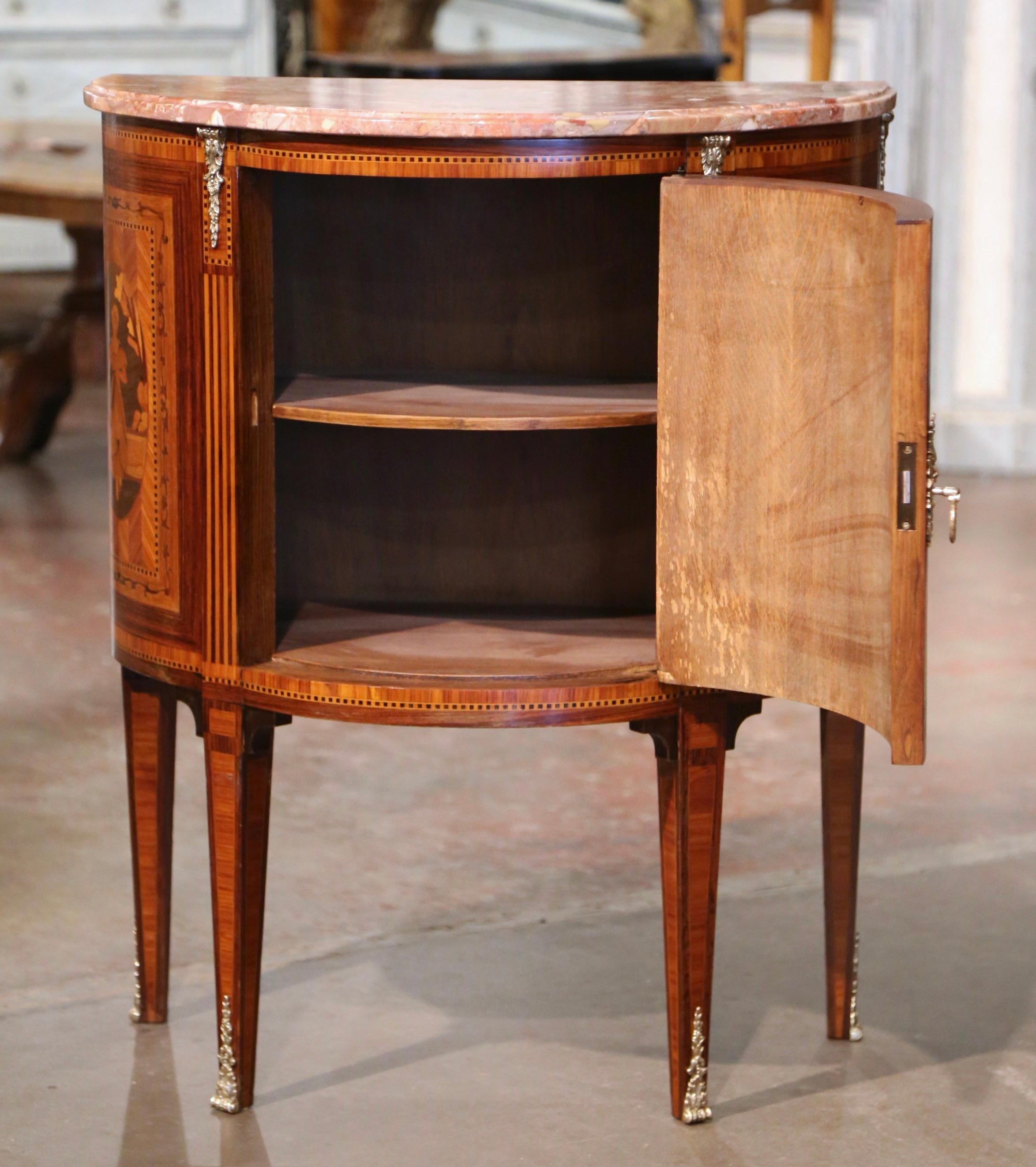 19th Century French Louis XVI Marble Top Walnut Marquetry Demi-Lune Cabinet  2