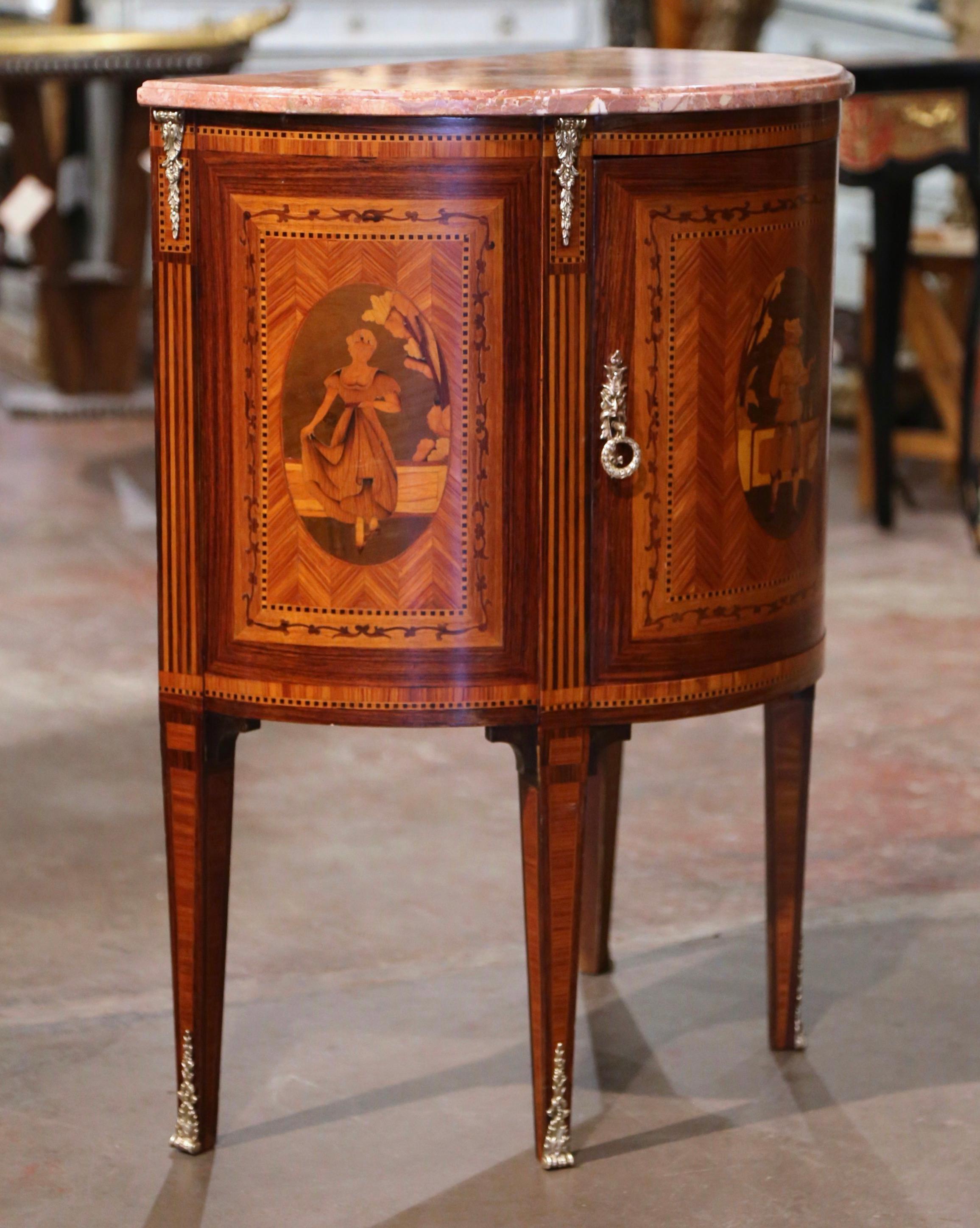 19th Century French Louis XVI Marble Top Walnut Marquetry Demi-Lune Cabinet  4