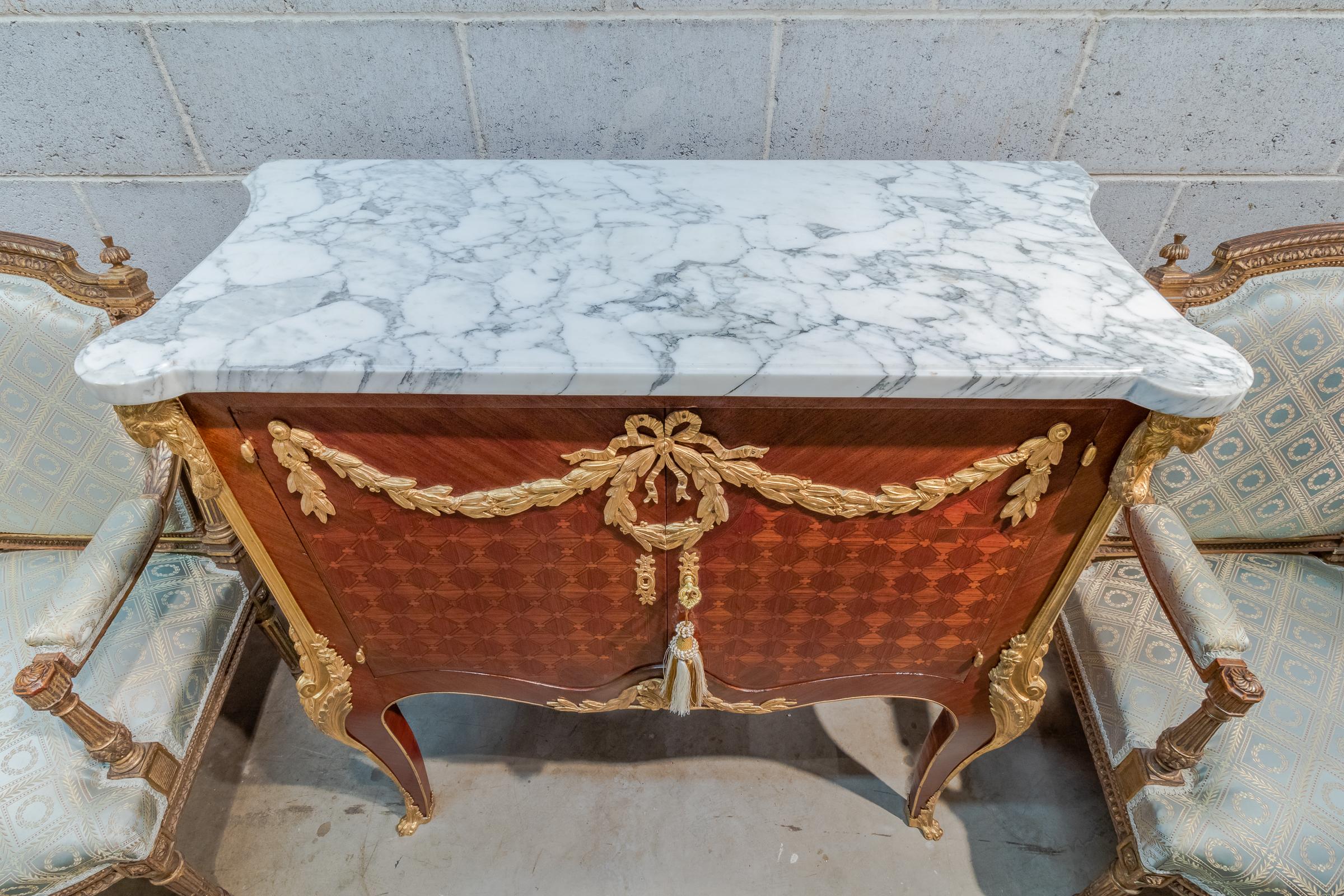 19th Century French Louis XVI Marquetry and Marble Top Cabinet by Maison Daide 2