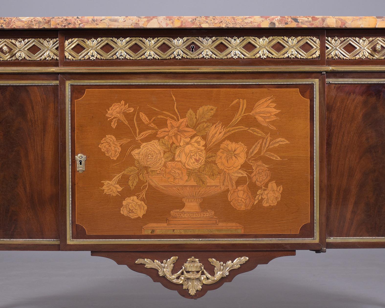 Lacquered 19th-Century French Louis XVI Buffet: Antique Mahogany and Bronze Marquetry Comm