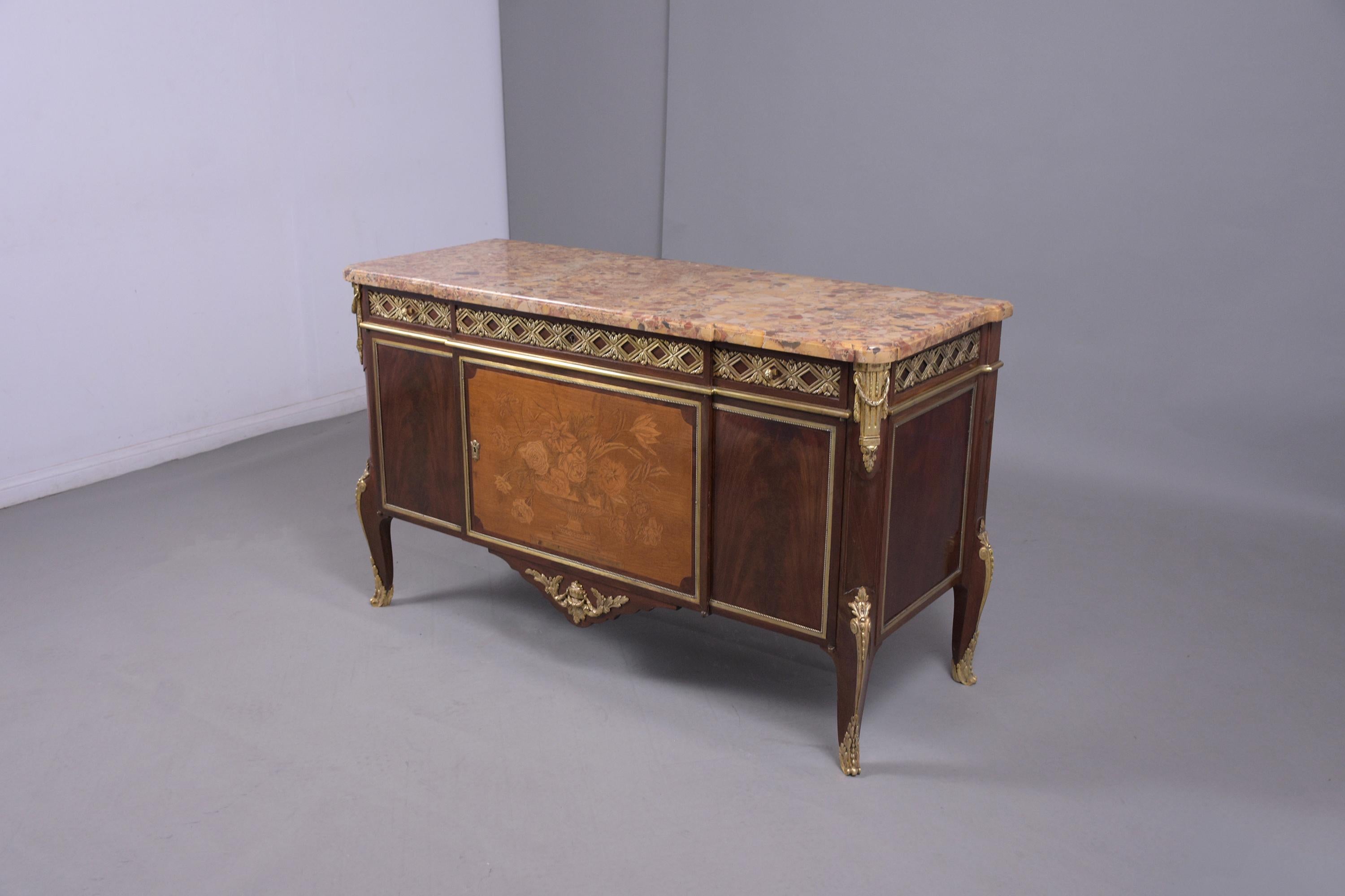 19th-Century French Louis XVI Buffet: Antique Mahogany and Bronze Marquetry Comm 1