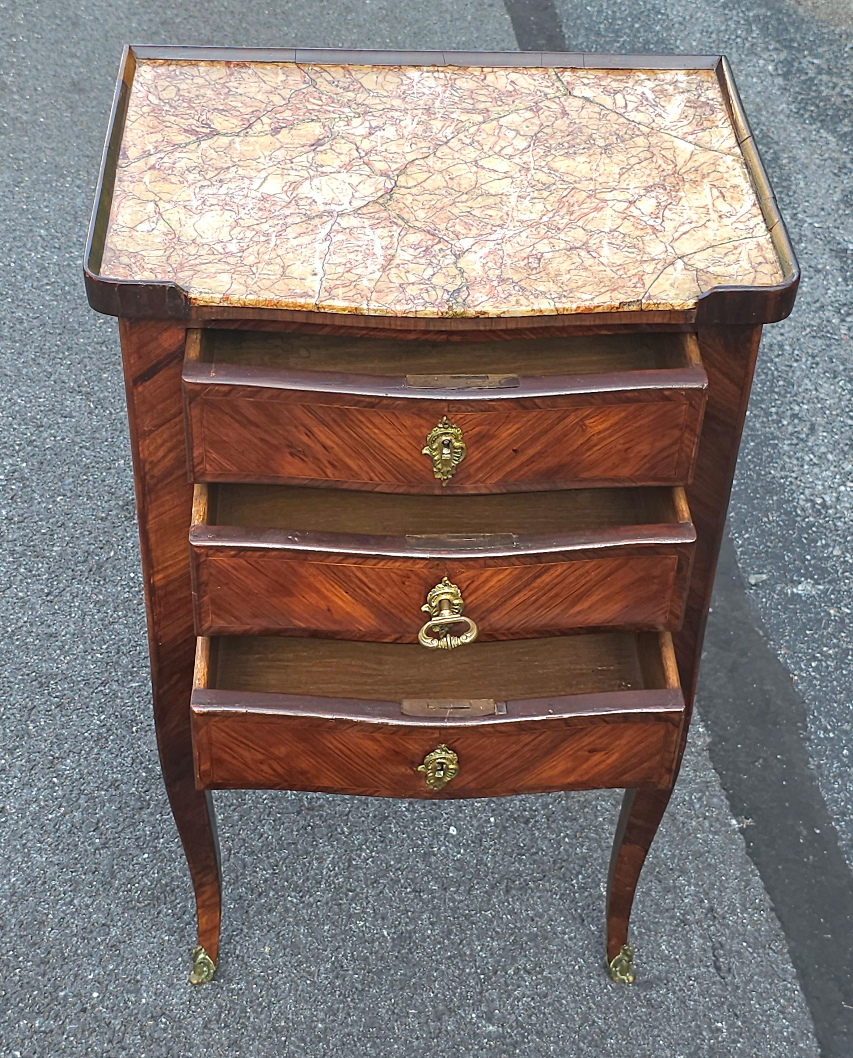 19th Century French Louis XVI Marquetry Kingwood Inset Marble Top with Lock For Sale 3