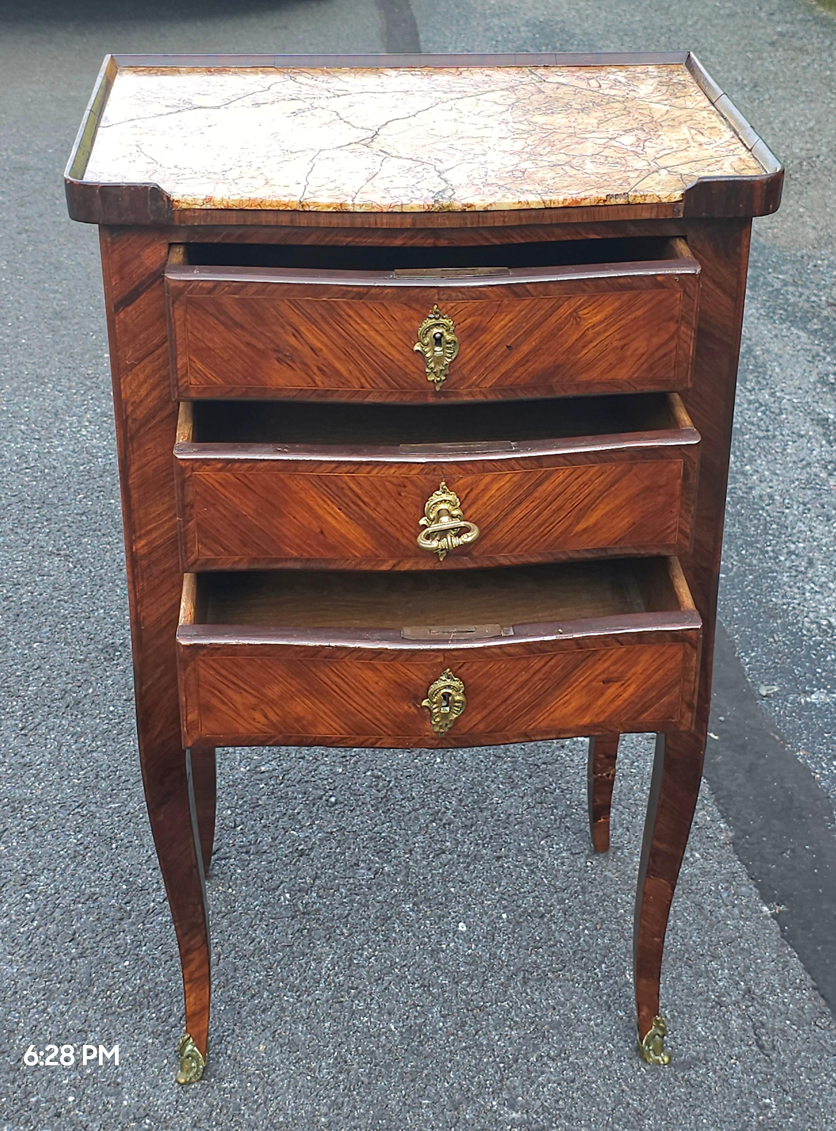 19th Century French Louis XVI Marquetry Kingwood Inset Marble Top with Lock For Sale 4