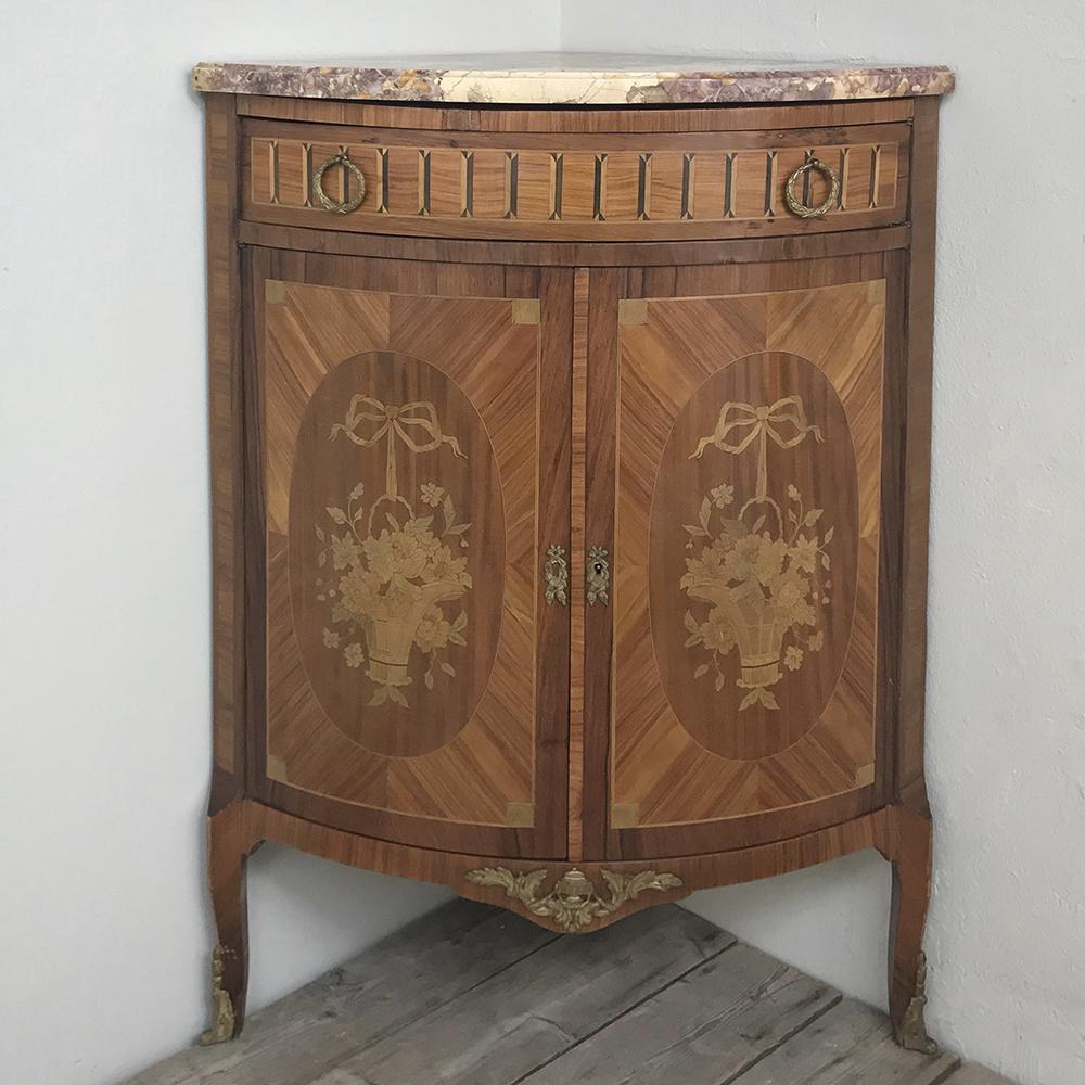 Hand-Crafted 19th Century French Louis XVI Marquetry Marble Top Corner Cabinet