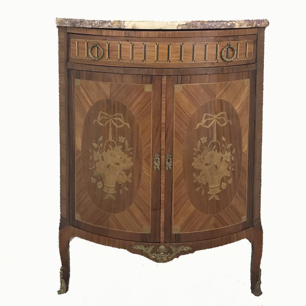 19th Century French Louis XVI Marquetry Marble Top Corner Cabinet In Good Condition In Dallas, TX
