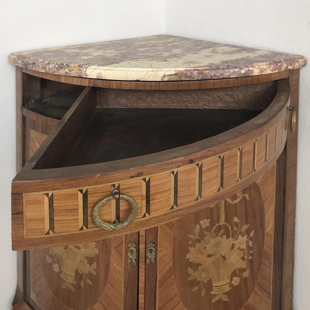19th Century French Louis XVI Marquetry Marble Top Corner Cabinet 1