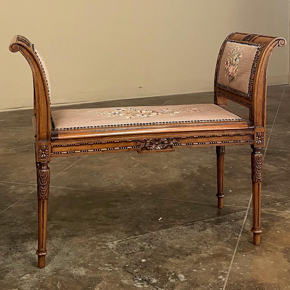 19th Century French Louis XVI Needlepoint Armbench ~ Vanity Bench is a stunning example of the combination of master furniture crafters with tapestry weavers, in this case specialty weavers who utilized painstaking effort to create images with