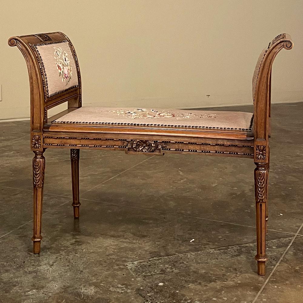 19th Century French Louis XVI Needlepoint Armbench ~ Vanity Bench In Good Condition In Dallas, TX