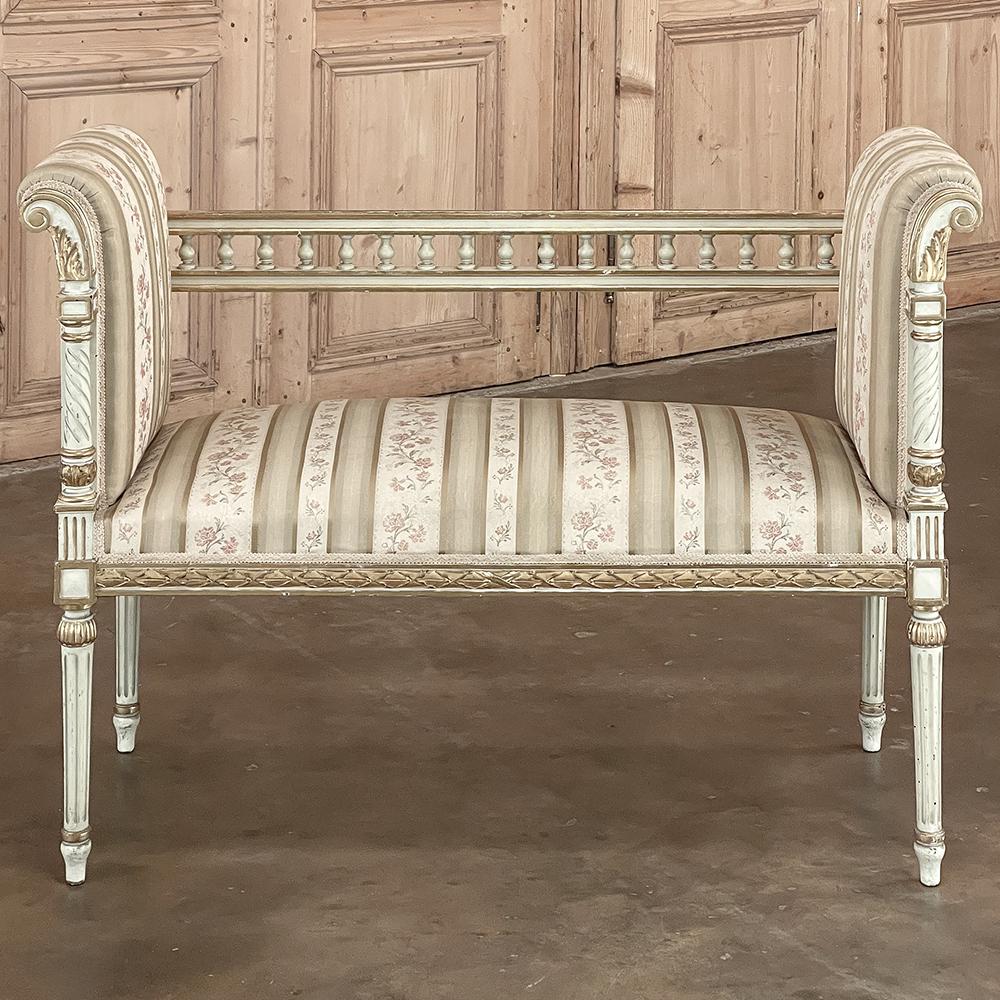 Hand-Carved 19th Century French Louis XVI Neoclassical Painted Armbench ~ Vanity Bench For Sale