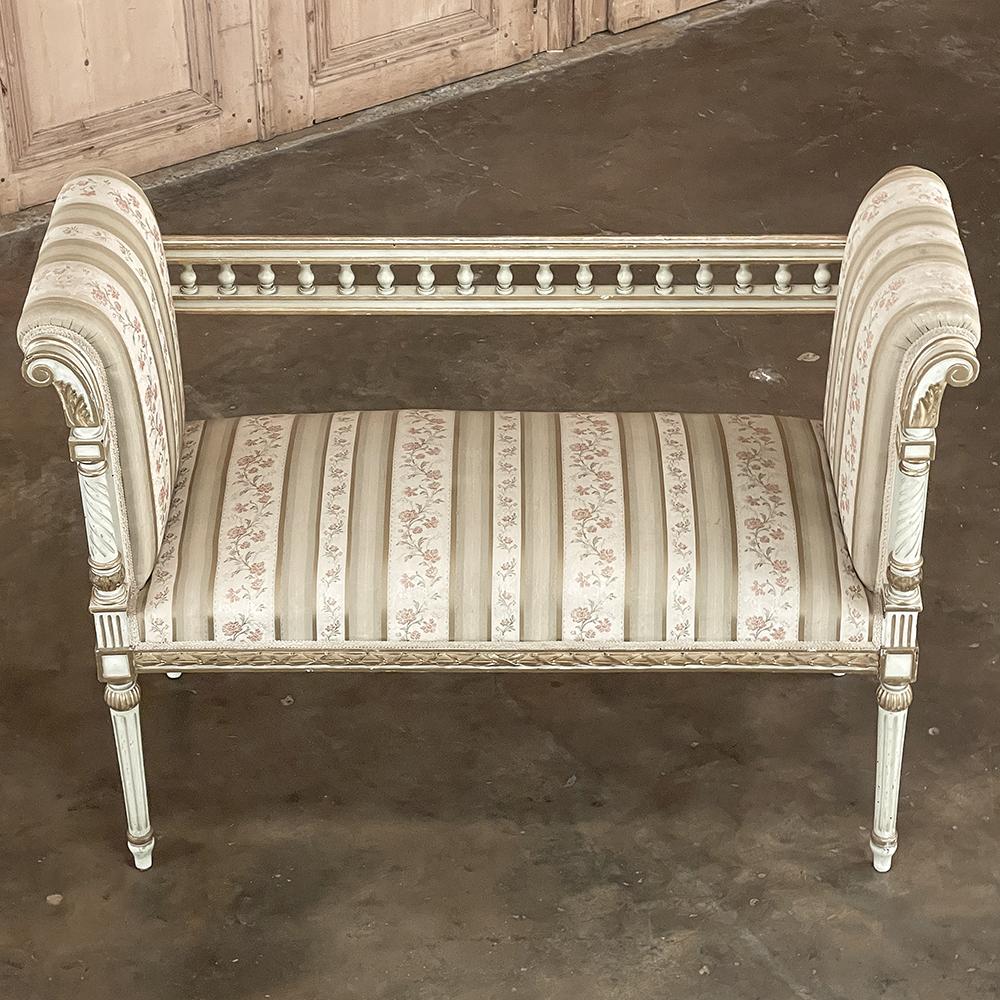 19th Century French Louis XVI Neoclassical Painted Armbench ~ Vanity Bench In Good Condition For Sale In Dallas, TX