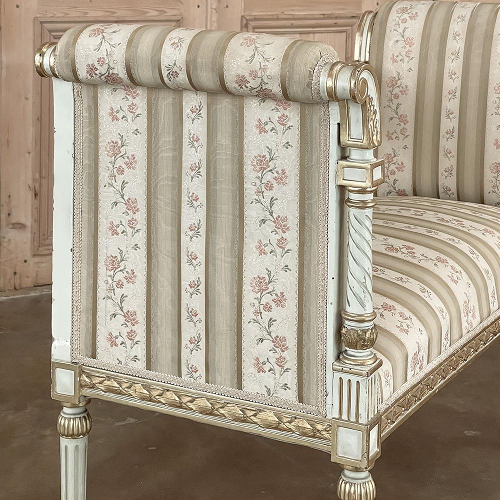 Silk 19th Century French Louis XVI Neoclassical Painted Armbench ~ Vanity Bench For Sale