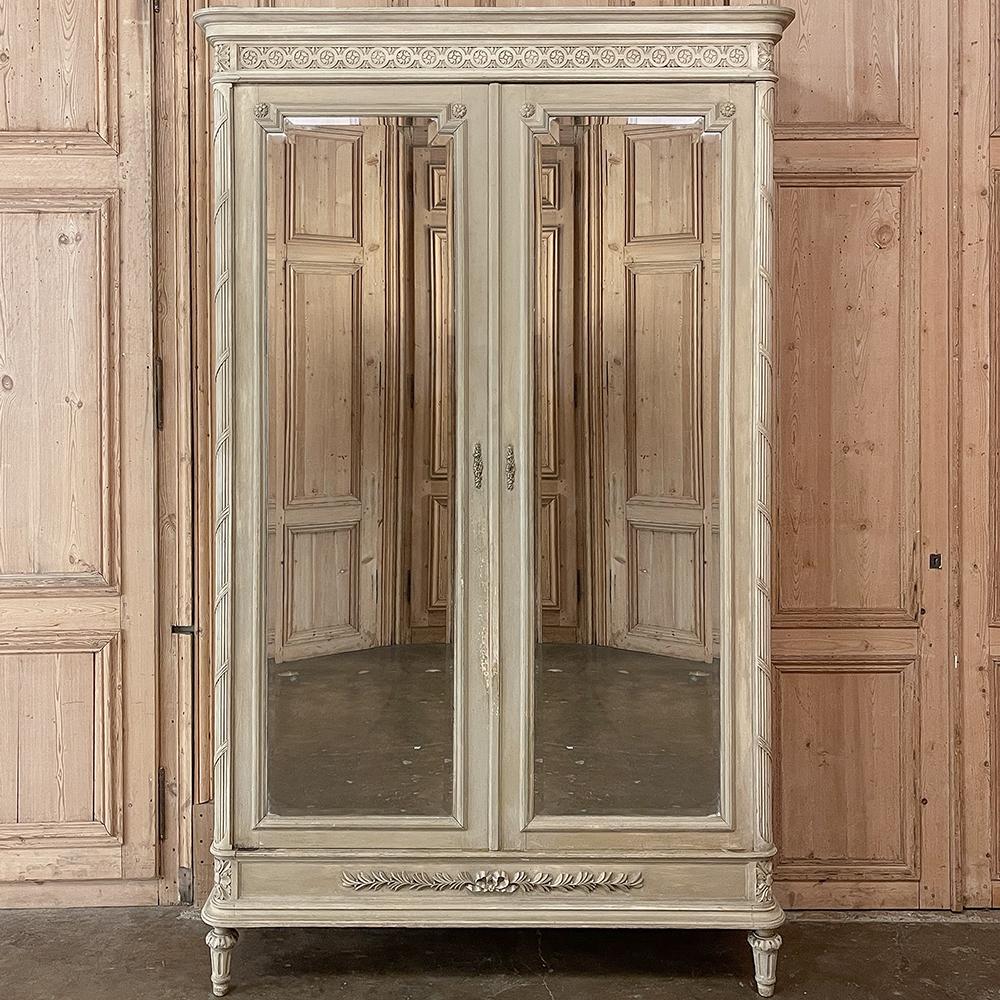 Hand-Carved 19th Century French Louis XVI Neoclassical Painted Armoire ~ Wardrobe