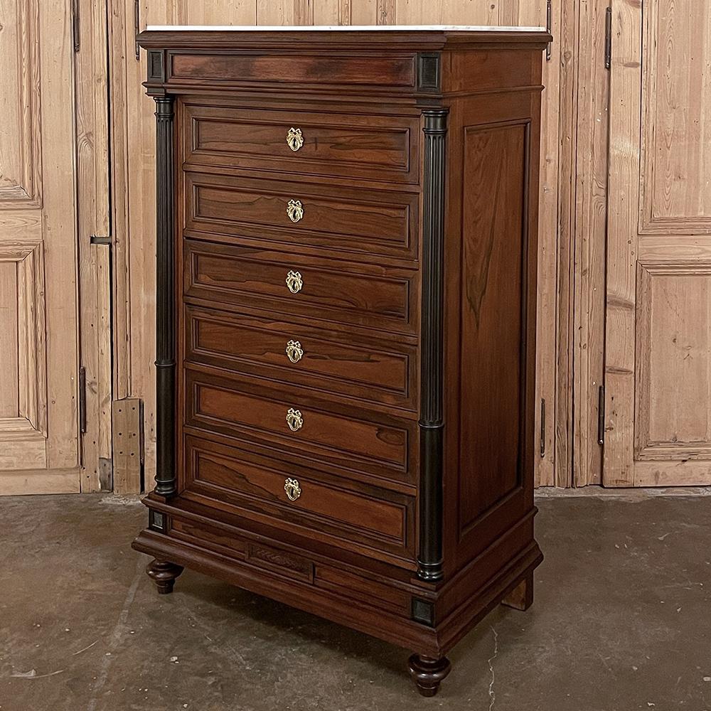 19th century French Louis XVI neoclassical rosewood marble top semainier ~ tall chest is not a concept exclusive to French craftsmen, but arguably executed by the French better than all the rest! Hand-crafted from exotic imported rosewood, this