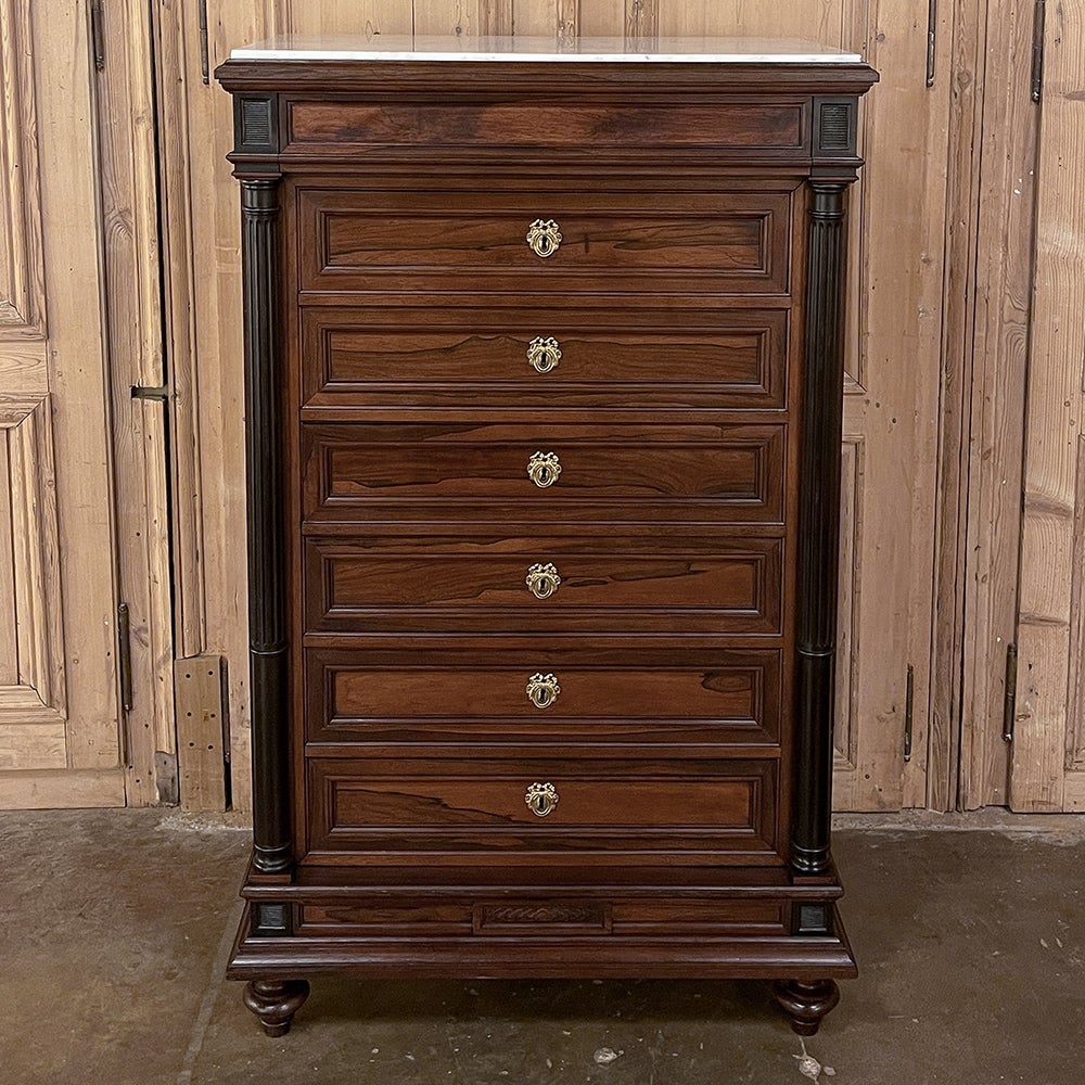 Hand-Crafted 19th Century French Louis XVI Neoclassical Rosewood Marble Top Semainier, Tall  For Sale