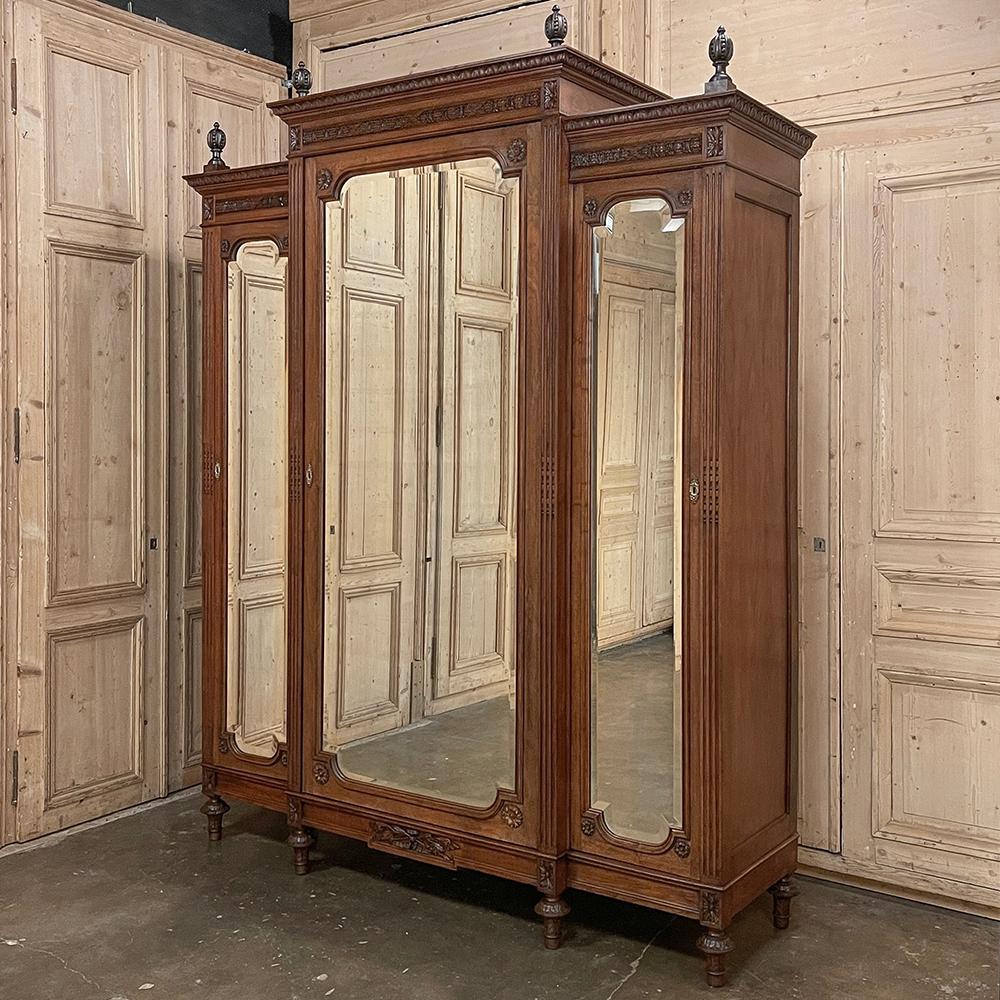 Beveled 19th Century French Louis XVI Neoclassical Triple Walnut Armoire