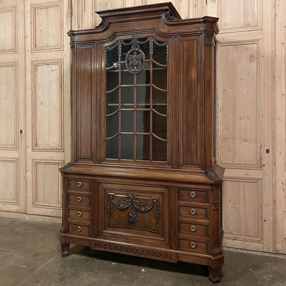 Hand-Crafted 19th Century French Louis XVI Neoclassical Walnut Bookcase, Linen Press For Sale