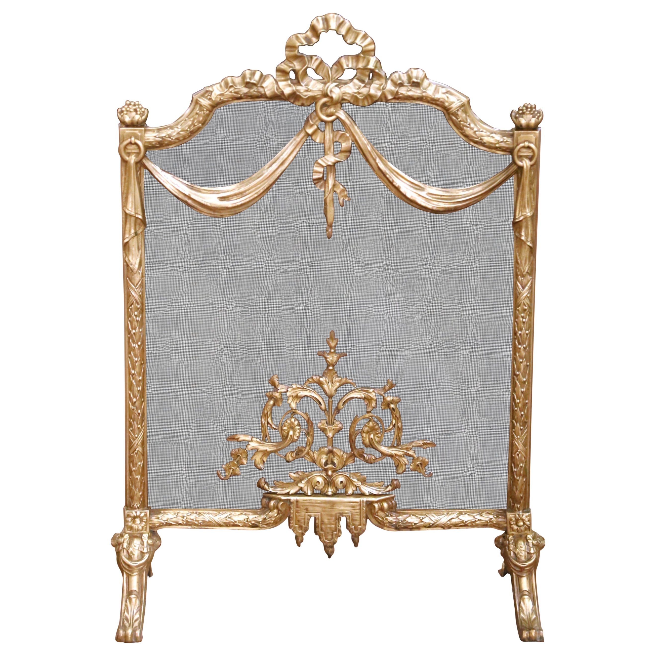 Paravento francese Luigi XVI del XIX secolo in bronzo ormolato con stemma a nastro in vendita