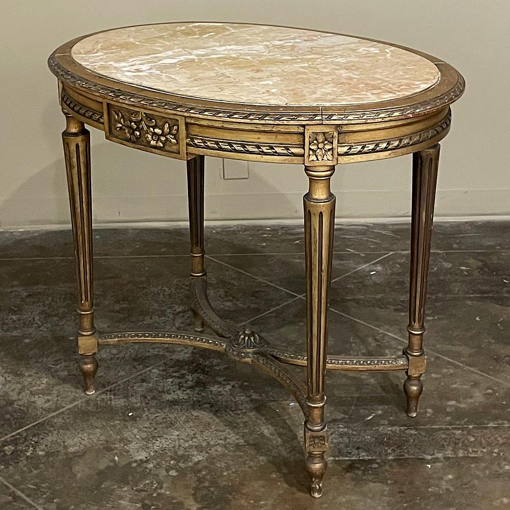 Hand-Carved 19th Century French Louis XVI Oval Marble Top Giltwood End Table