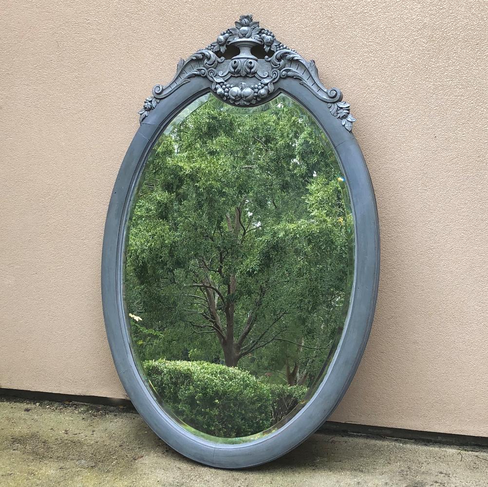 Beveled 19th Century French Louis XVI Oval Painted Mirror For Sale