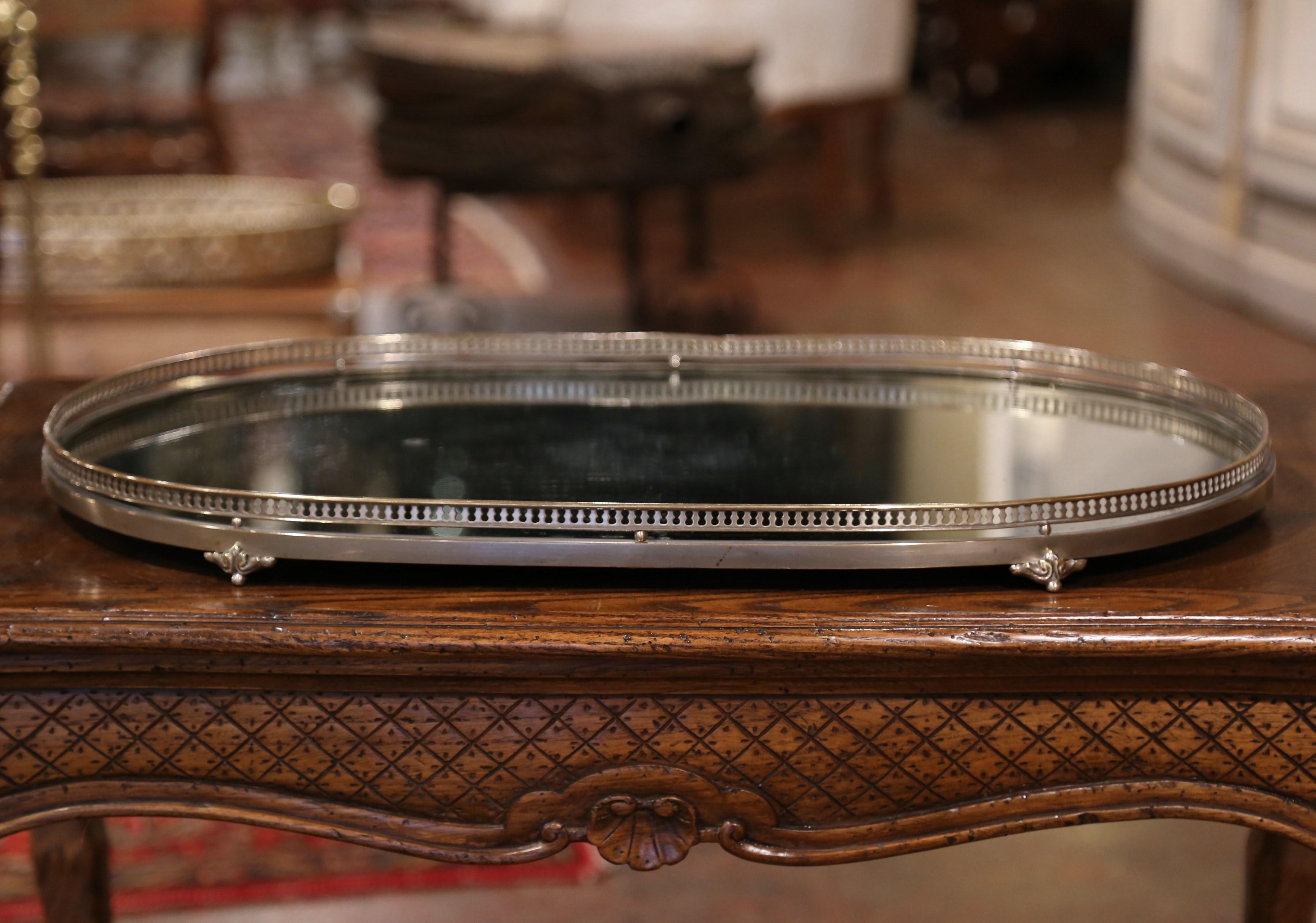 Hand-Crafted 19th Century French Louis XVI Oval Silver Plated and Mirrored Table Plateau