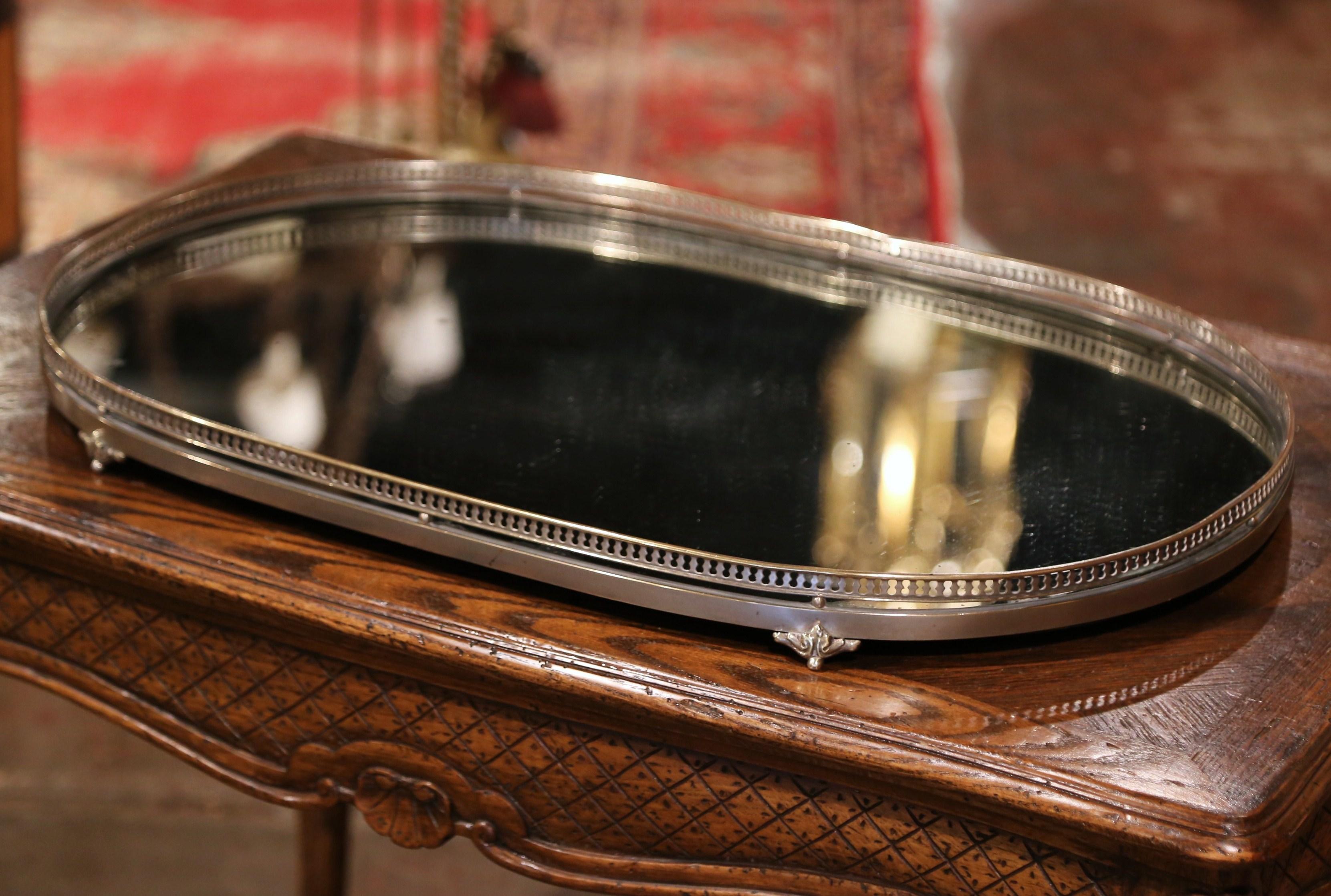 19th Century French Louis XVI Oval Silver Plated and Mirrored Table Plateau In Excellent Condition In Dallas, TX