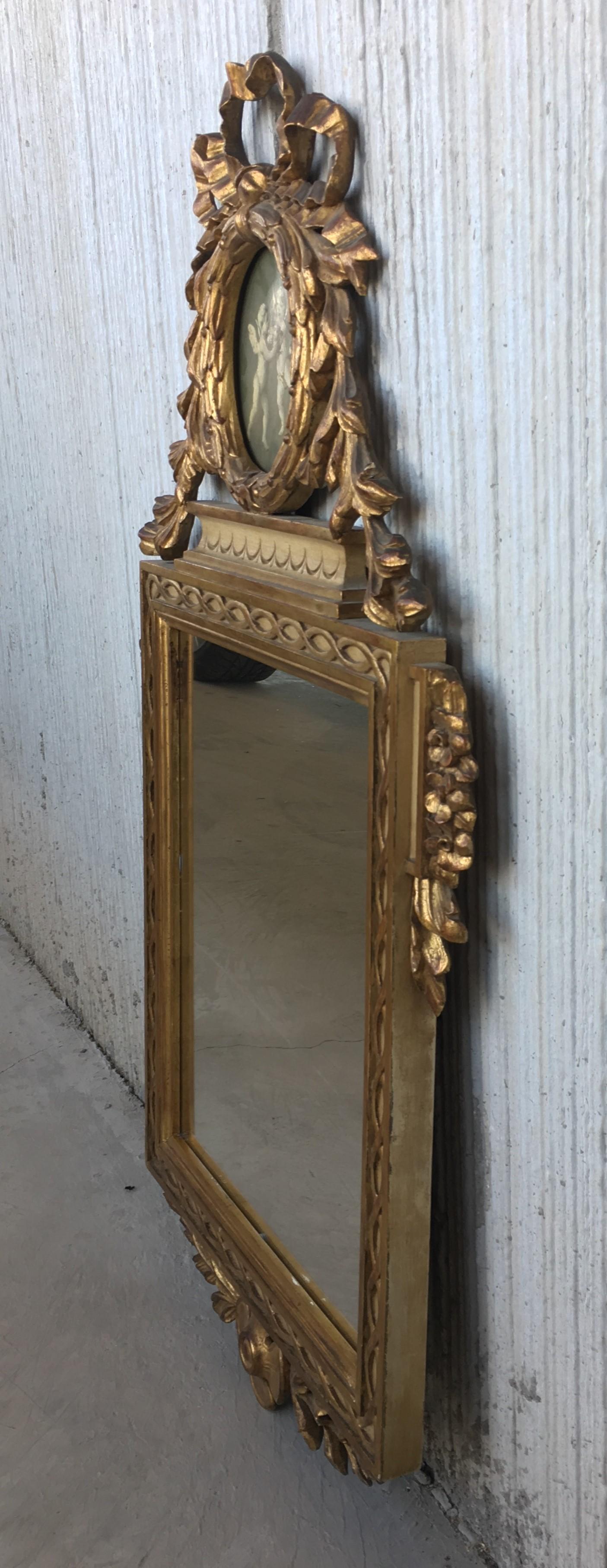 19th Century, French, Louis XVI Painted and Gilt Trumeau Mirror Depicting Cherub In Excellent Condition In Miami, FL