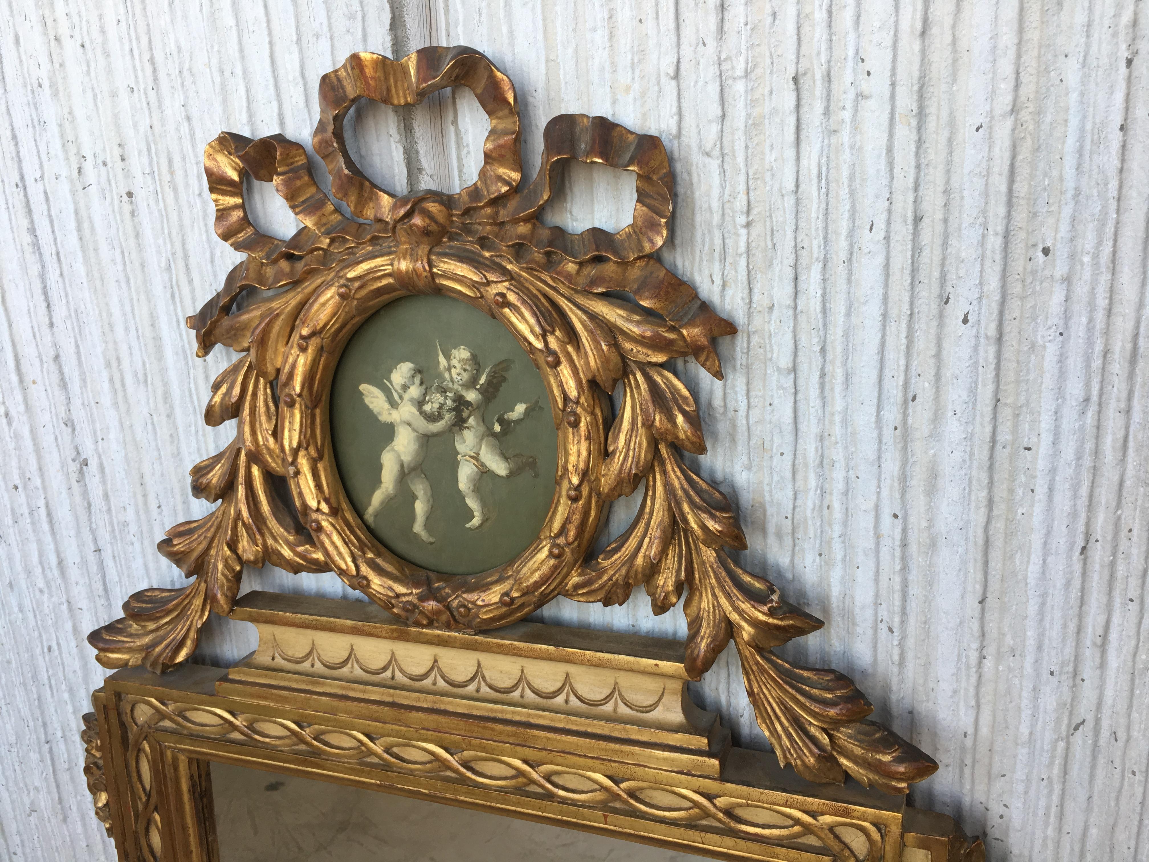 Late 19th Century 19th Century, French, Louis XVI Painted and Gilt Trumeau Mirror Depicting Cherub