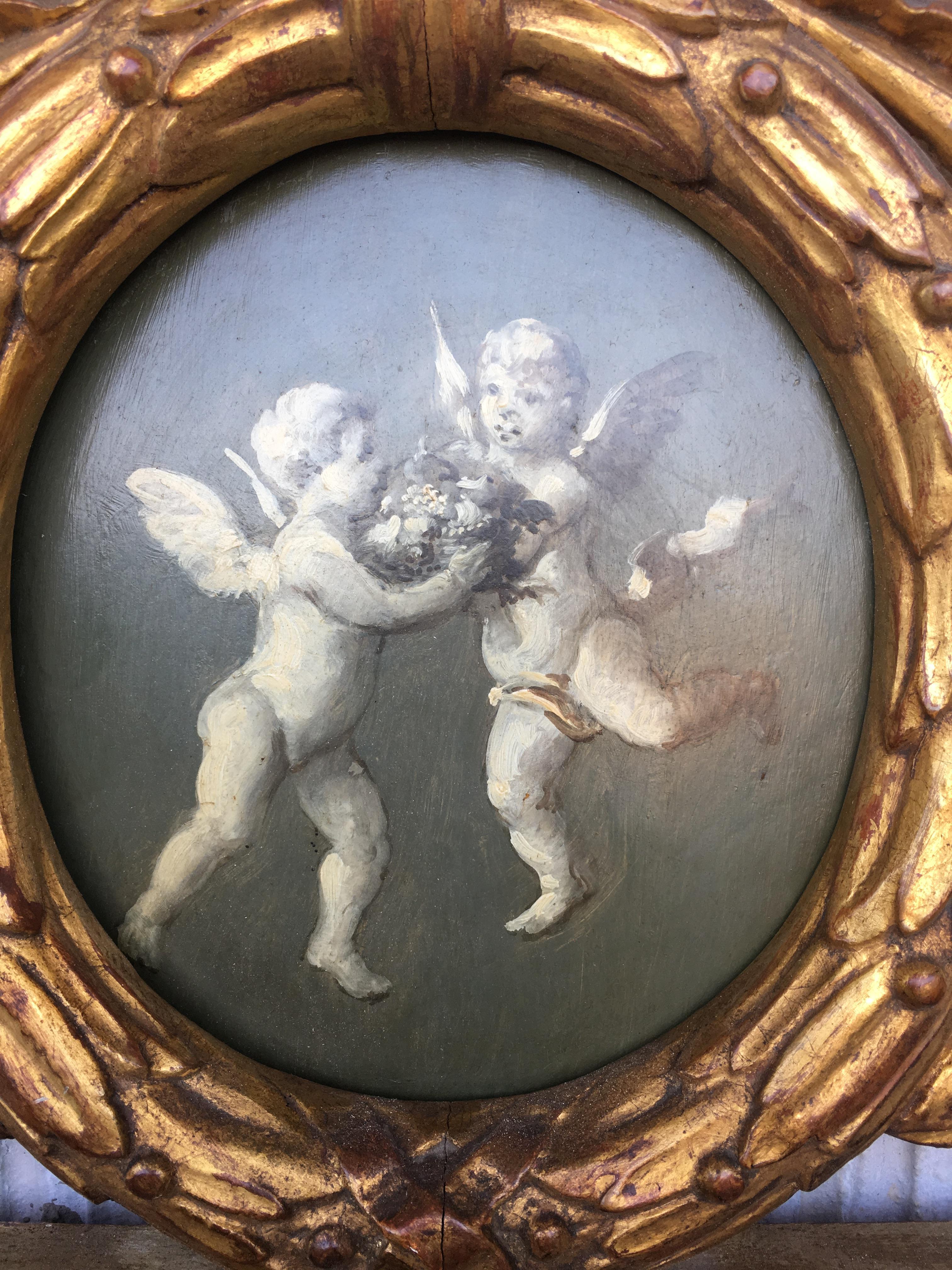 19th Century, French, Louis XVI Painted and Gilt Trumeau Mirror Depicting Cherub 1