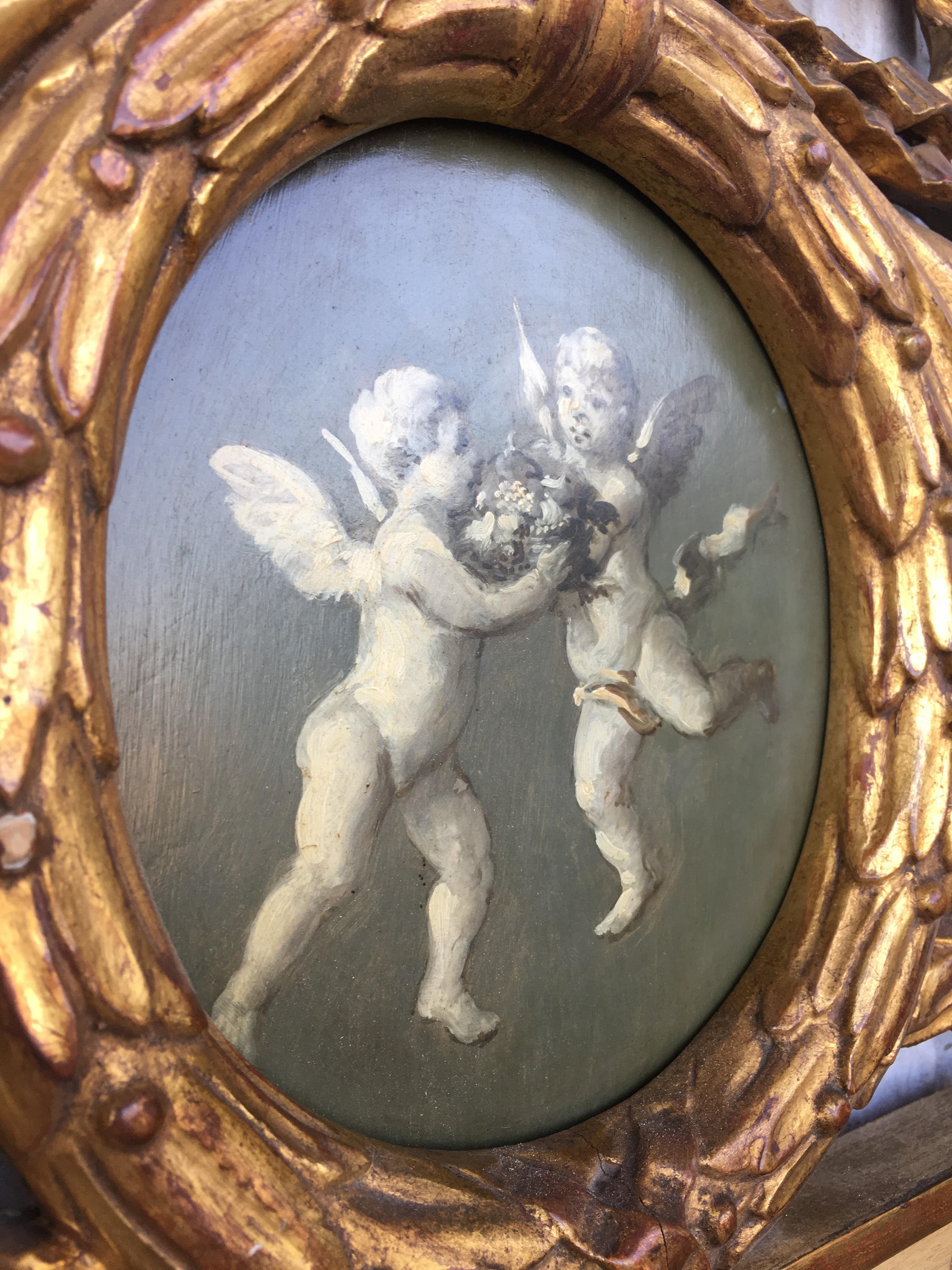 19th Century, French, Louis XVI Painted and Gilt Trumeau Mirror Depicting Cherub 2